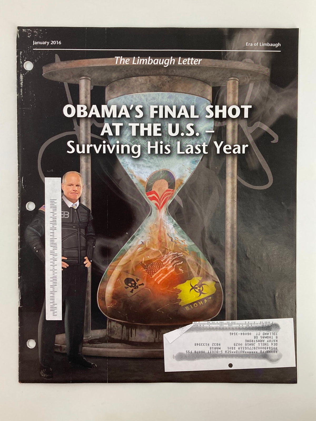 Rush Limbaugh Letter Newsletter Magazine January 2016 Final Shot showcasing the cover featuring an hourglass with political symbols and the title 'Obama's Final Shot at the U.S. - Surviving His Last Year.' The image highlights the magazine's vintage appeal and political commentary.