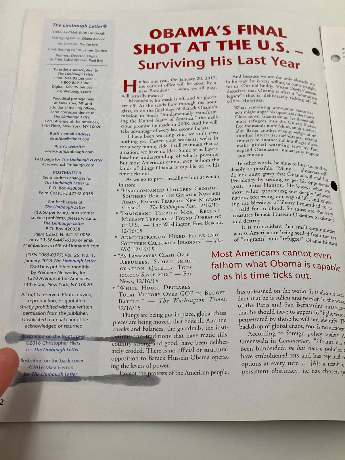 Rush Limbaugh Letter Newsletter Magazine January 2016, featuring an article titled 'Obama's Final Shot at the U.S.' discussing his presidency and legacy, includes images and insightful commentary.