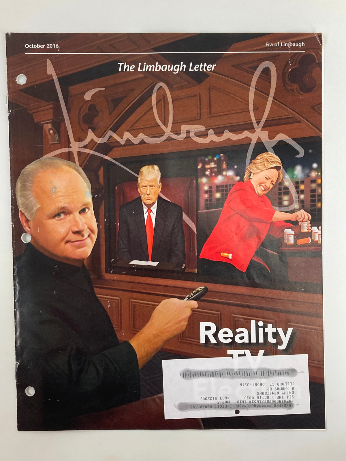 Cover of Rush Limbaugh Letter Newsletter Magazine from October 2016 featuring Reality TV, with Rush Limbaugh, Donald Trump, and Hillary Clinton illustrated on set.