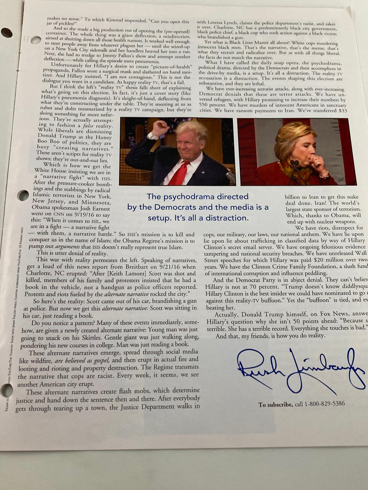 Rush Limbaugh Letter Newsletter Magazine October 2016 page discussing the media's role in politics, featuring commentary on Donald Trump and Hillary Clinton.