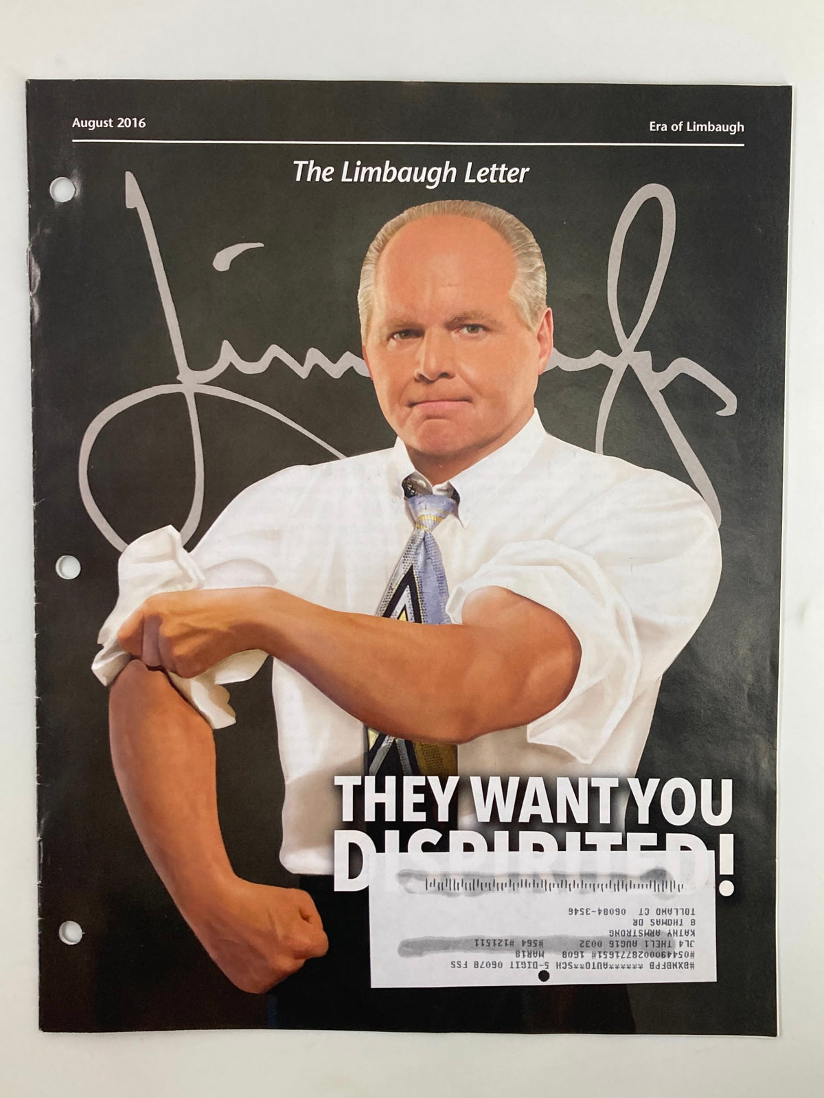 Rush Limbaugh Letter Newsletter Magazine August 2016 cover titled 'They Want You Dispirited' featuring an illustration of Limbaugh flexing his arm with a personalized signature.
