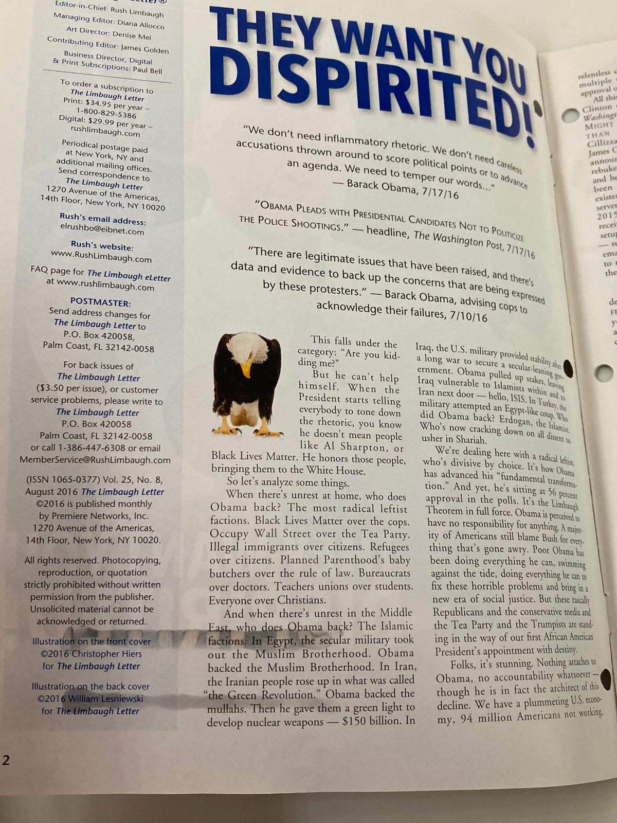 Inside page of the Rush Limbaugh Letter Newsletter Magazine August 2016 titled 'They Want You Dispirited' containing political commentary and an article discussing the Black Lives Matter movement.
