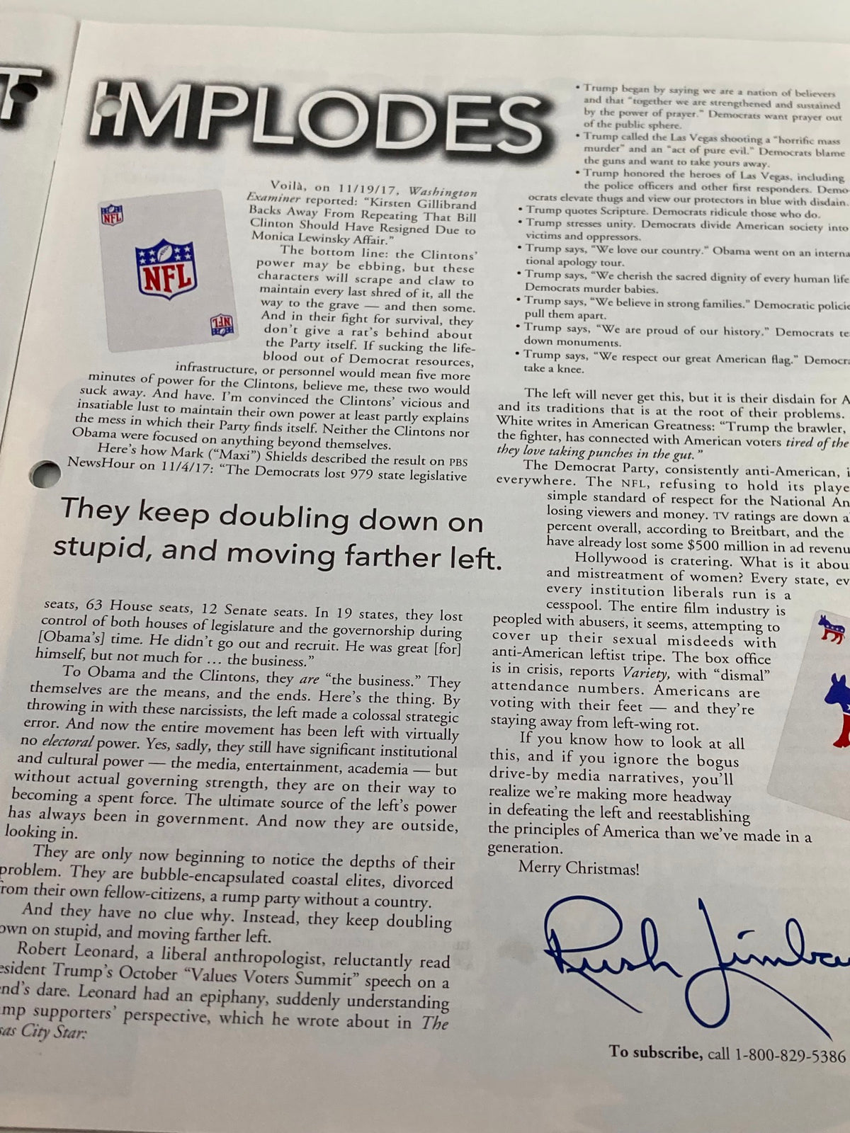 Page from the Rush Limbaugh Letter Newsletter Magazine December 2017 discussing political commentary, featuring the NFL logo and insights from Rush Limbaugh.