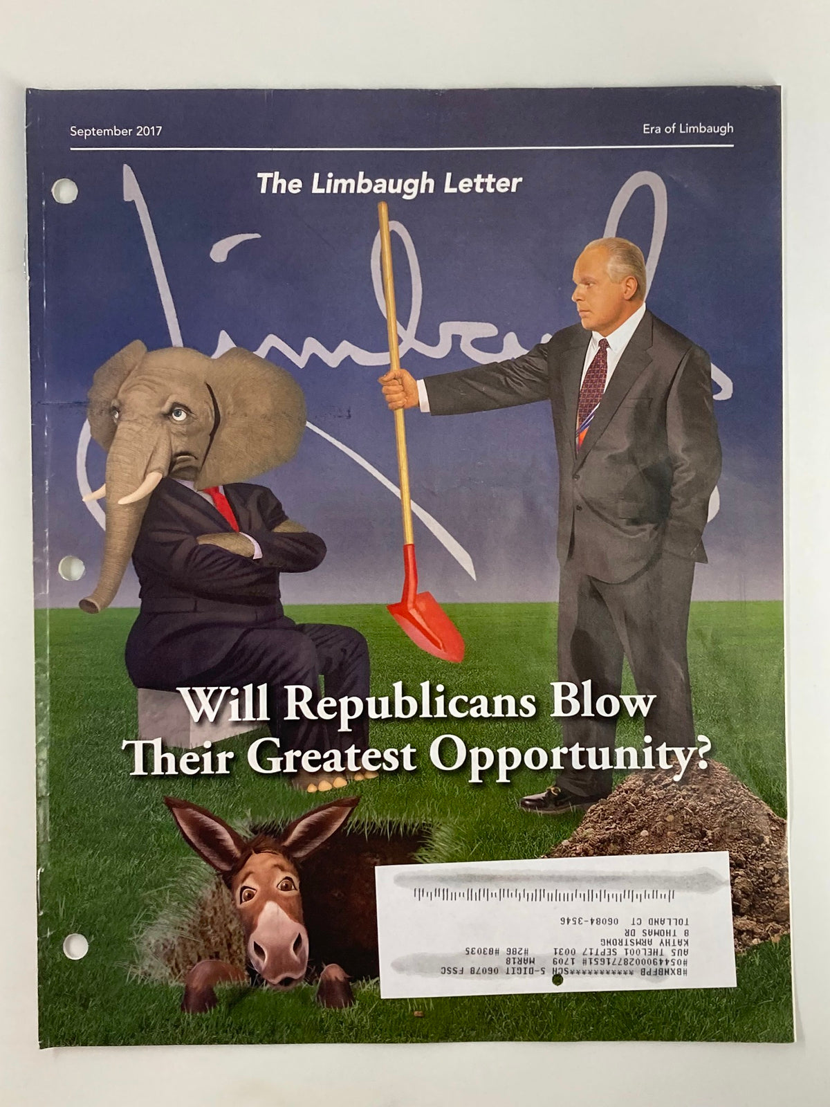 Cover of Rush Limbaugh Letter Newsletter Magazine from September 2017 titled 'Will Republicans Blow Their Greatest Opportunity?' featuring a political cartoon with an elephant and a donkey.