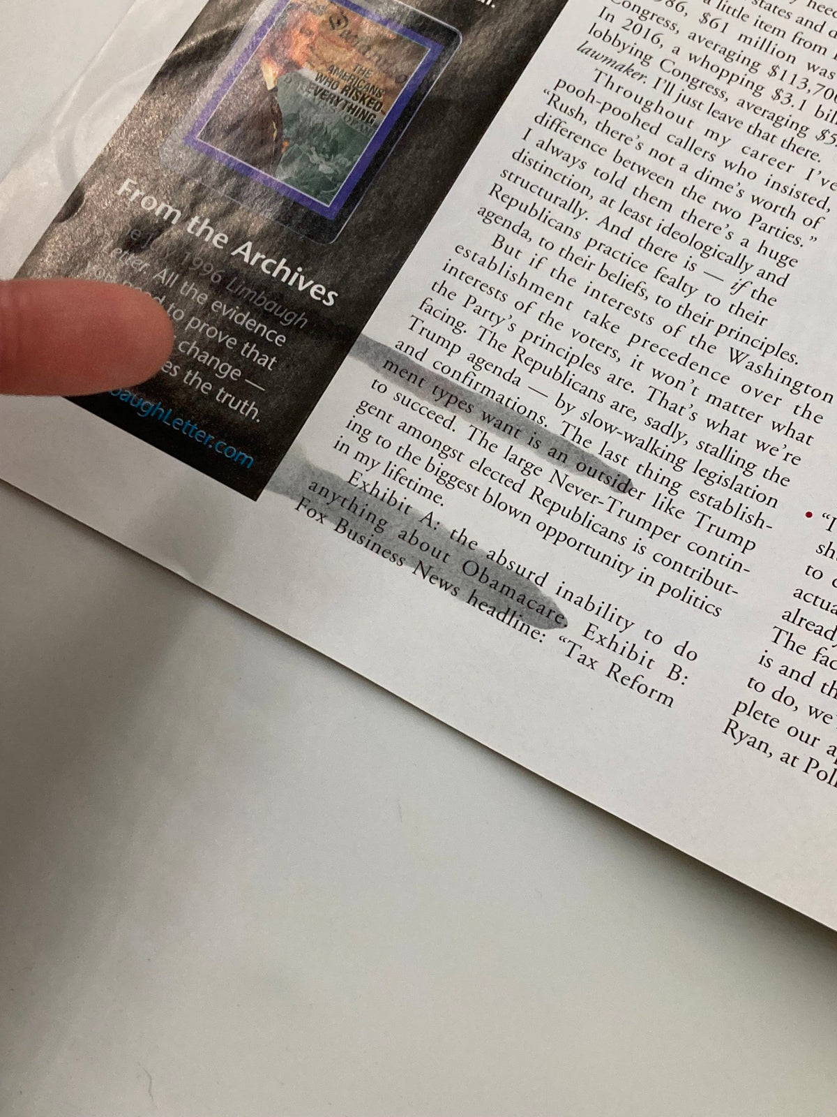 Close-up of the Rush Limbaugh Letter Newsletter Magazine September 2017 showing archival information and commentary by Rush Limbaugh.