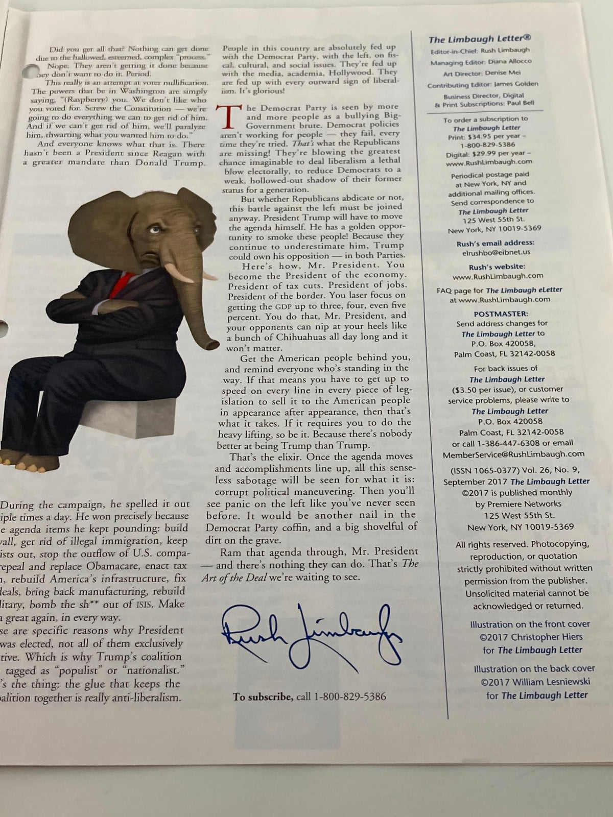 Illustration from the Rush Limbaugh Letter Newsletter Magazine September 2017 featuring an elephant symbolizing the Republican Party alongside commentary from Rush Limbaugh.