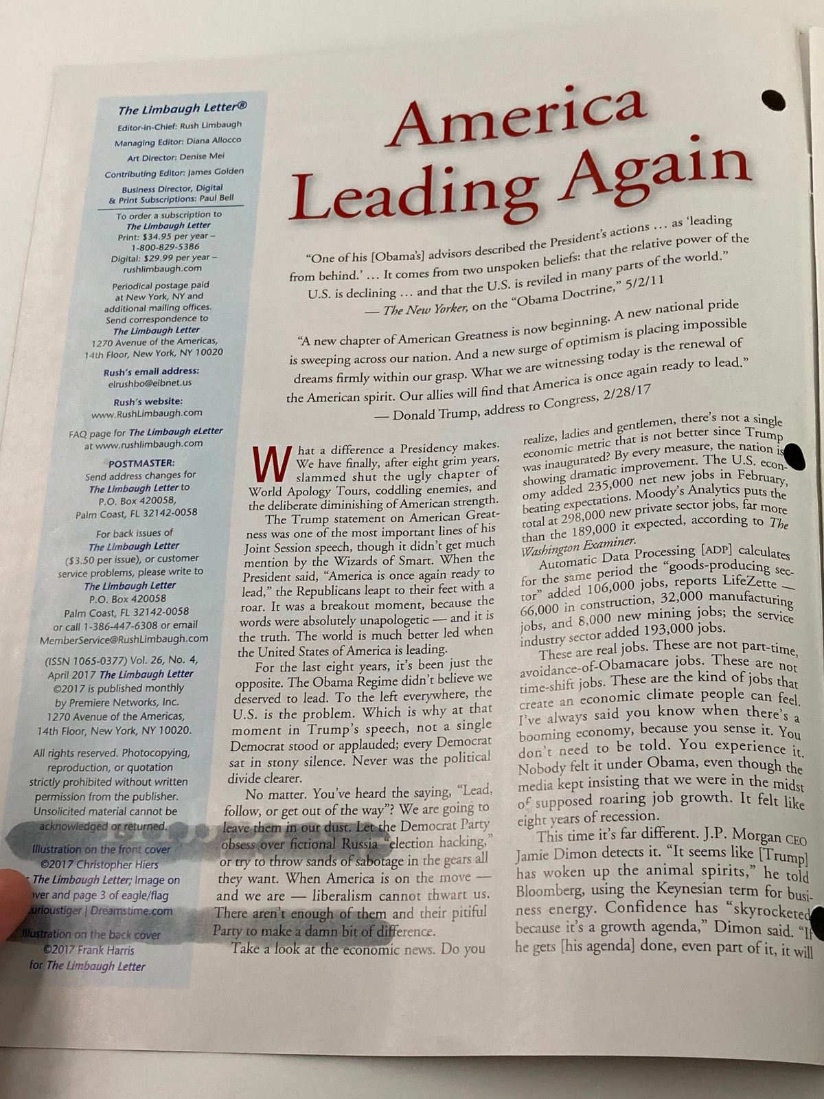 Inside page of the Rush Limbaugh Letter Magazine, April 2017, with the title 'America Leading Again' discussing themes of American leadership and conservatism.