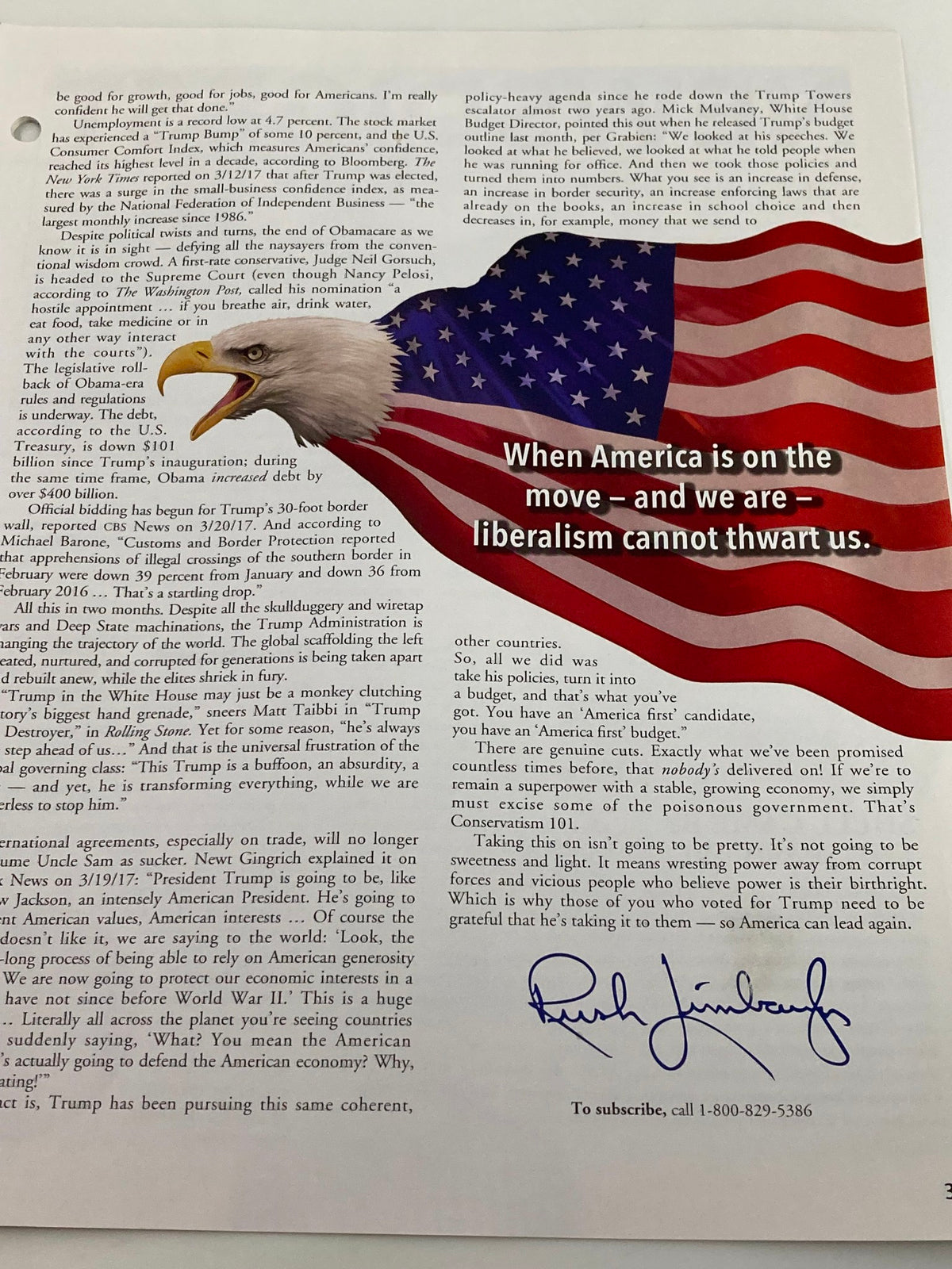 Another inside page of the Rush Limbaugh Letter Magazine, April 2017, featuring a quote emphasizing American progress, alongside imagery of the American flag and eagle.