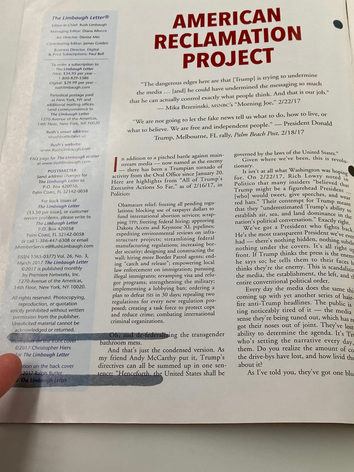 Inside page of Rush Limbaugh Letter Newsletter Magazine March 2017 displaying an article related to the 'American Reclamation Project', with commentary and insights on contemporary political issues.