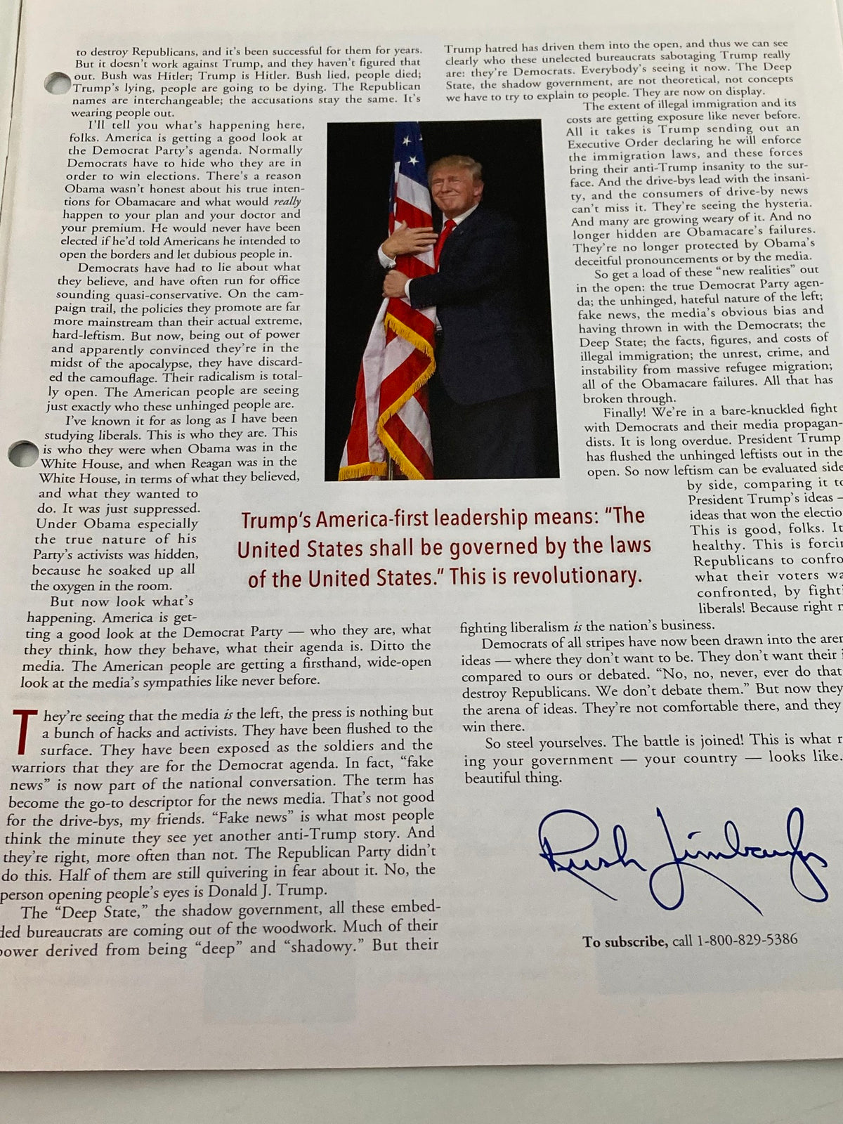 Inside page of the Rush Limbaugh Letter Newsletter Magazine from March 2017 featuring Donald Trump with American flag, illustrating themes of political commentary and conservative values.