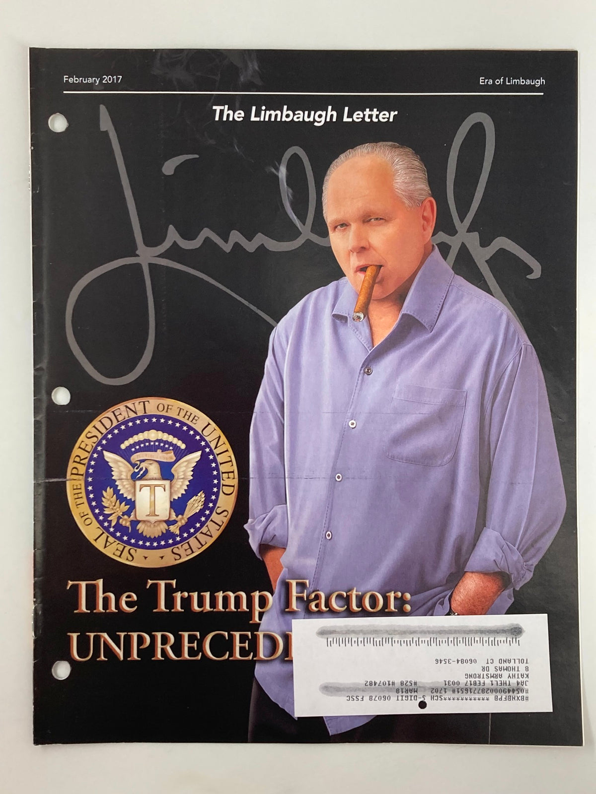 Rush Limbaugh Letter Newsletter Magazine February 2017 cover featuring Rush Limbaugh with a cigar and the title 'The Trump Factor: UNPRECEDENTED'.