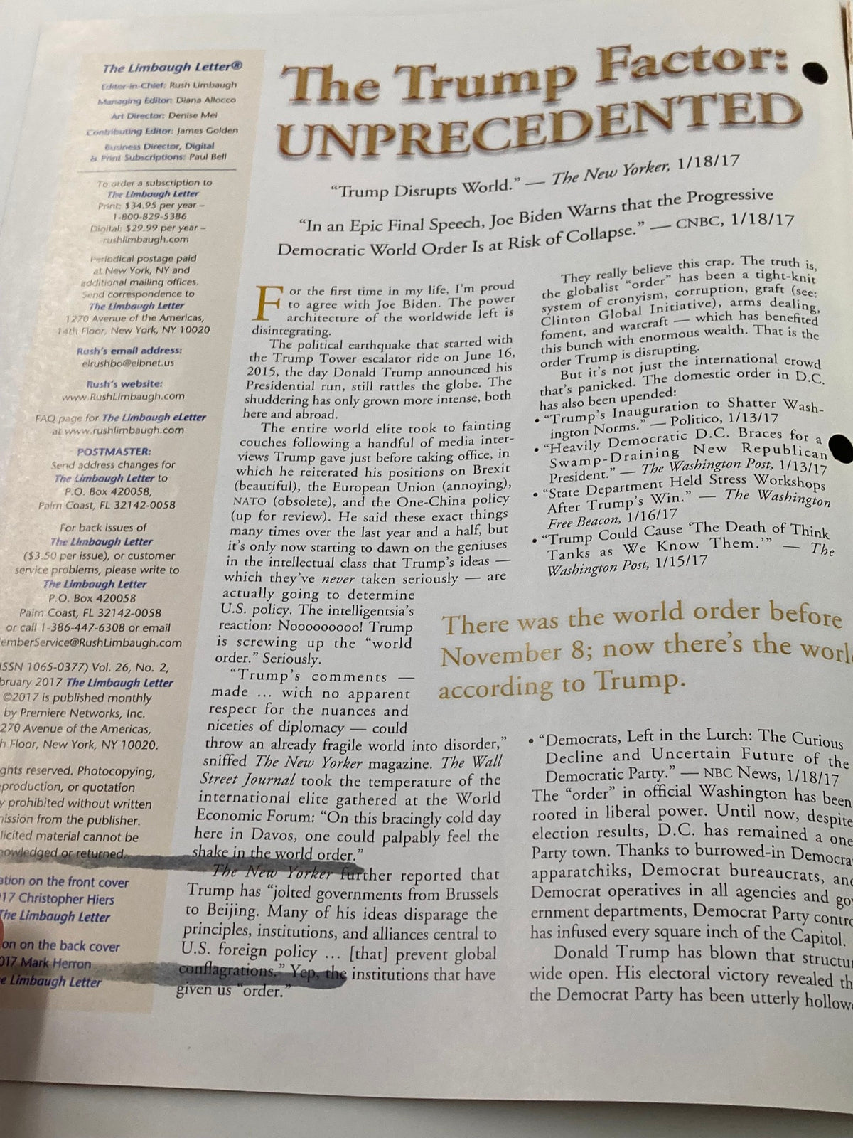 Interior page of the Rush Limbaugh Letter Newsletter Magazine February 2017, titled 'The Trump Factor: UNPRECEDENTED,' discussing political commentary.