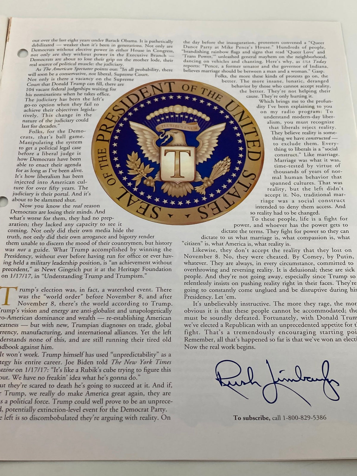 Another interior page of the Rush Limbaugh Letter Newsletter Magazine February 2017, featuring the presidential seal and signed by Rush Limbaugh, discussing Trump and his policies.