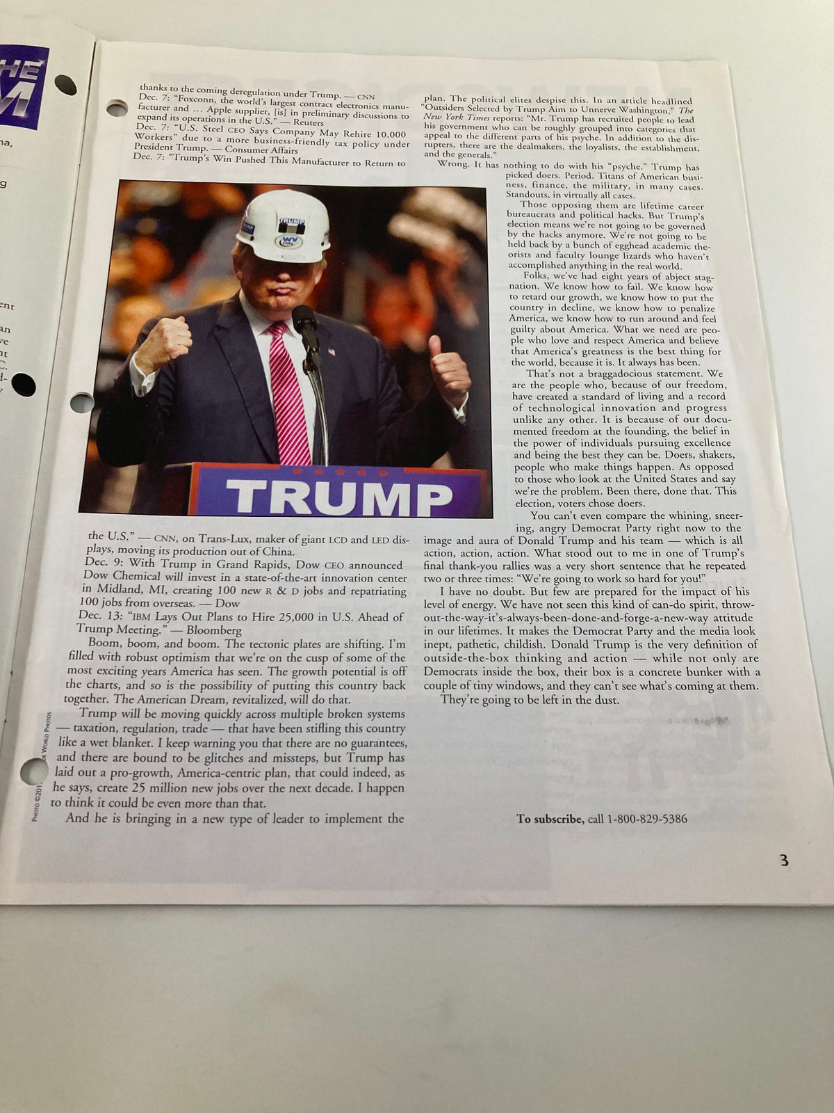 Another inside page of the Rush Limbaugh Letter Newsletter Magazine from January 2017, showcasing a photograph of Donald Trump with a focus on his political message, underlining the context of the magazine.