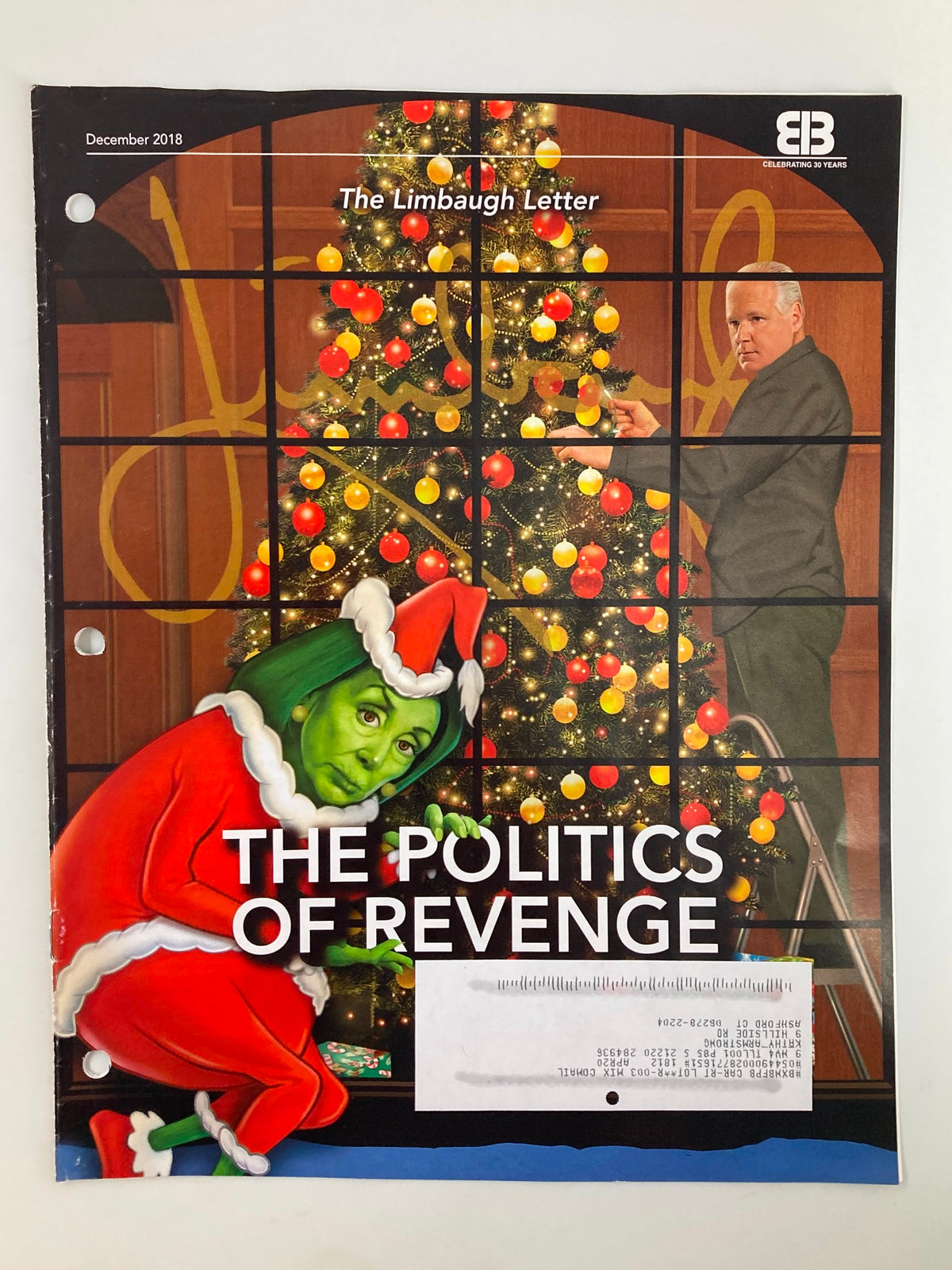 Cover of the Rush Limbaugh Letter Newsletter Magazine December 2018 titled 'The Politics of Revenge' featuring an illustration of a grinch-like figure in a Santa hat near a decorated Christmas tree.
