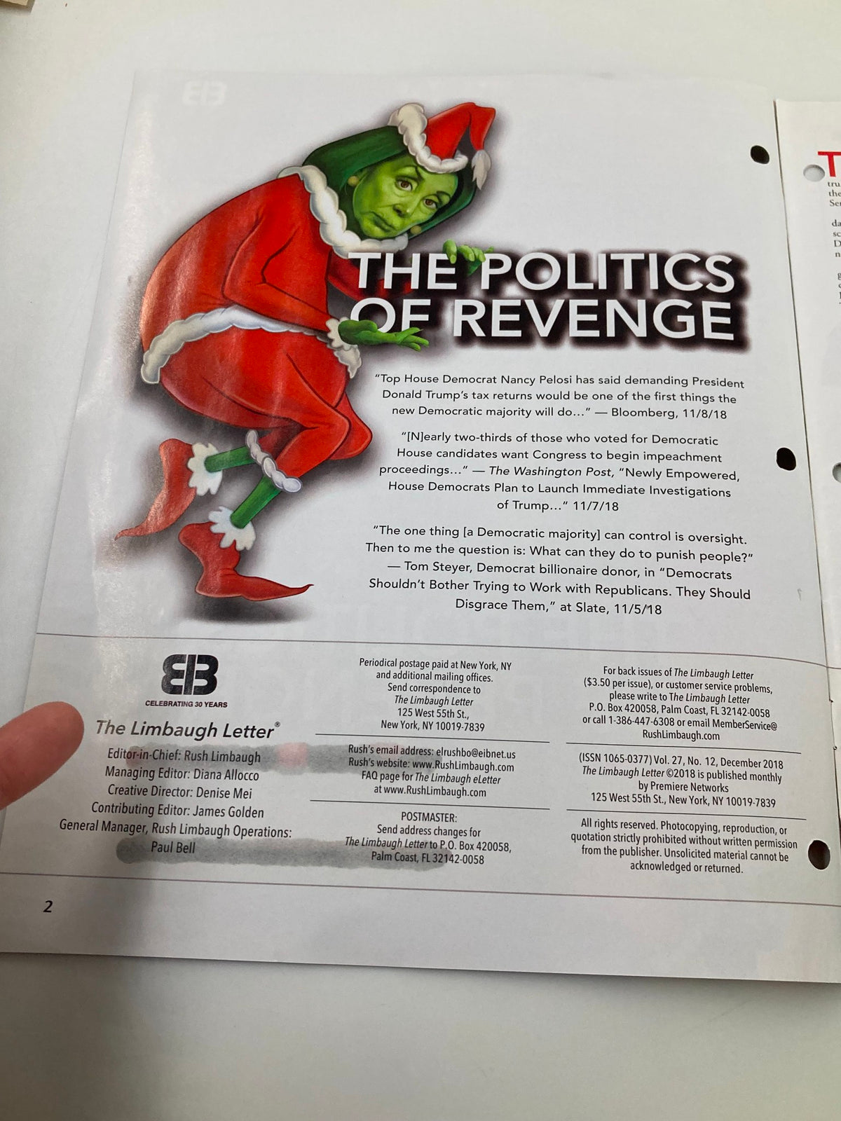Inside page of the Rush Limbaugh Letter Newsletter Magazine December 2018 titled 'The Politics of Revenge' highlighting text and details about political themes related to Nancy Pelosi and Donald Trump.