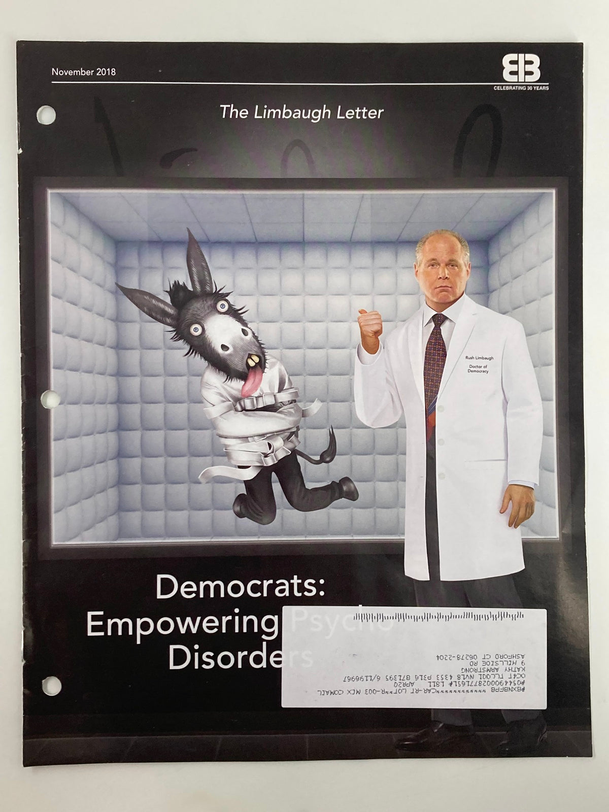 Cover of the Rush Limbaugh Letter Newsletter Magazine from November 2018, featuring an illustration of a disgruntled donkey character and a doctor, with the title 'Democrats: Empowering Psycho Disorders'.