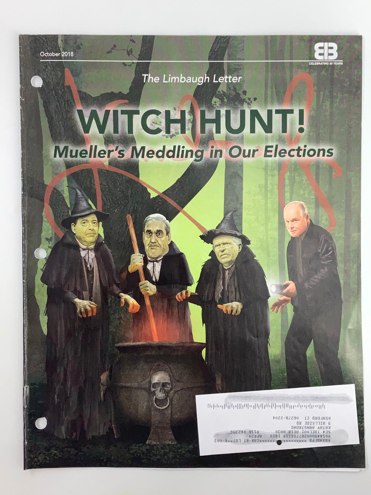Rush Limbaugh Letter Newsletter Magazine October 2018 cover featuring the title 'WITCH HUNT!' and illustrations related to Mueller's meddling in elections.