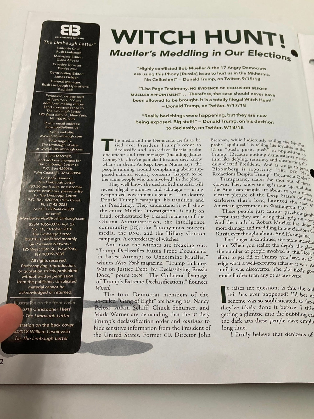 Interior page of the Rush Limbaugh Letter Newsletter Magazine October 2018 with text discussing 'Mueller's Meddling in Our Elections'.