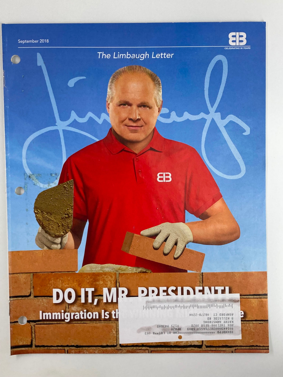 Cover of the Rush Limbaugh Letter Newsletter Magazine, September 2018, featuring Rush Limbaugh in a red shirt with gloves, promoting a message about immigration, titled 'DO IT, MR. PRESIDENT!'. This issue covers the story of Kate and Mollie's abduction.