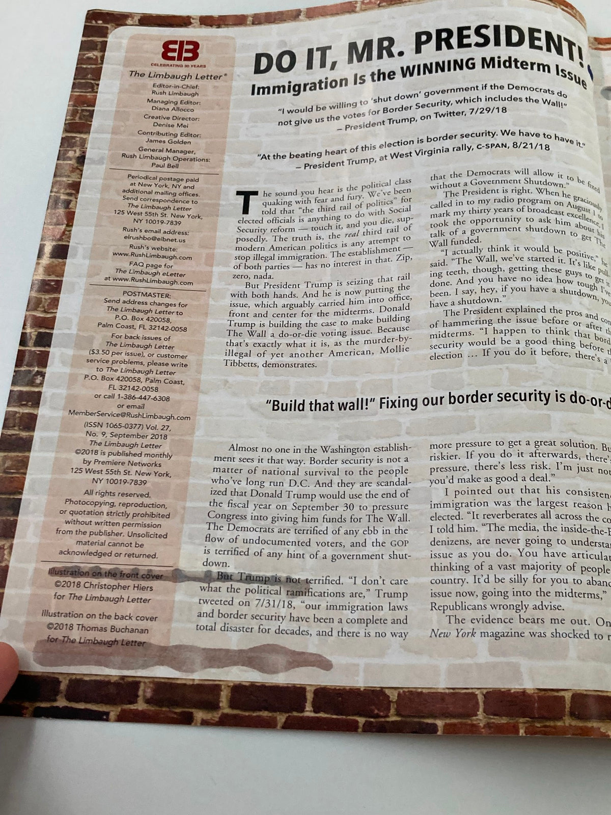 Interior page of the Rush Limbaugh Letter Newsletter Magazine from September 2018, discussing immigration issues with a focus on the title 'DO IT, MR. PRESIDENT!' The magazine addresses contemporary political topics relevant to the time.