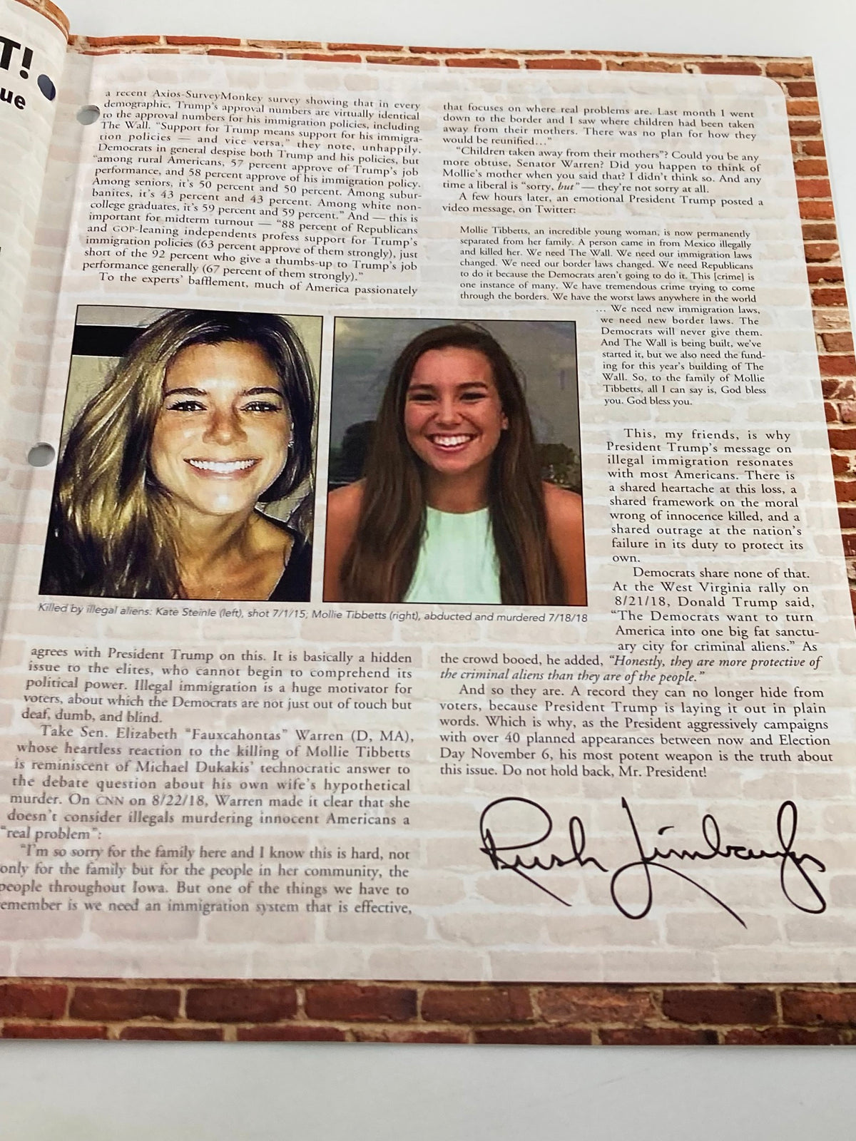 A page from the Rush Limbaugh Letter Newsletter Magazine showcasing two photos of Kate Steinle and Mollie Tibbetts, highlighting their abduction cases. This image emphasizes the narrative covered in the September 2018 issue.