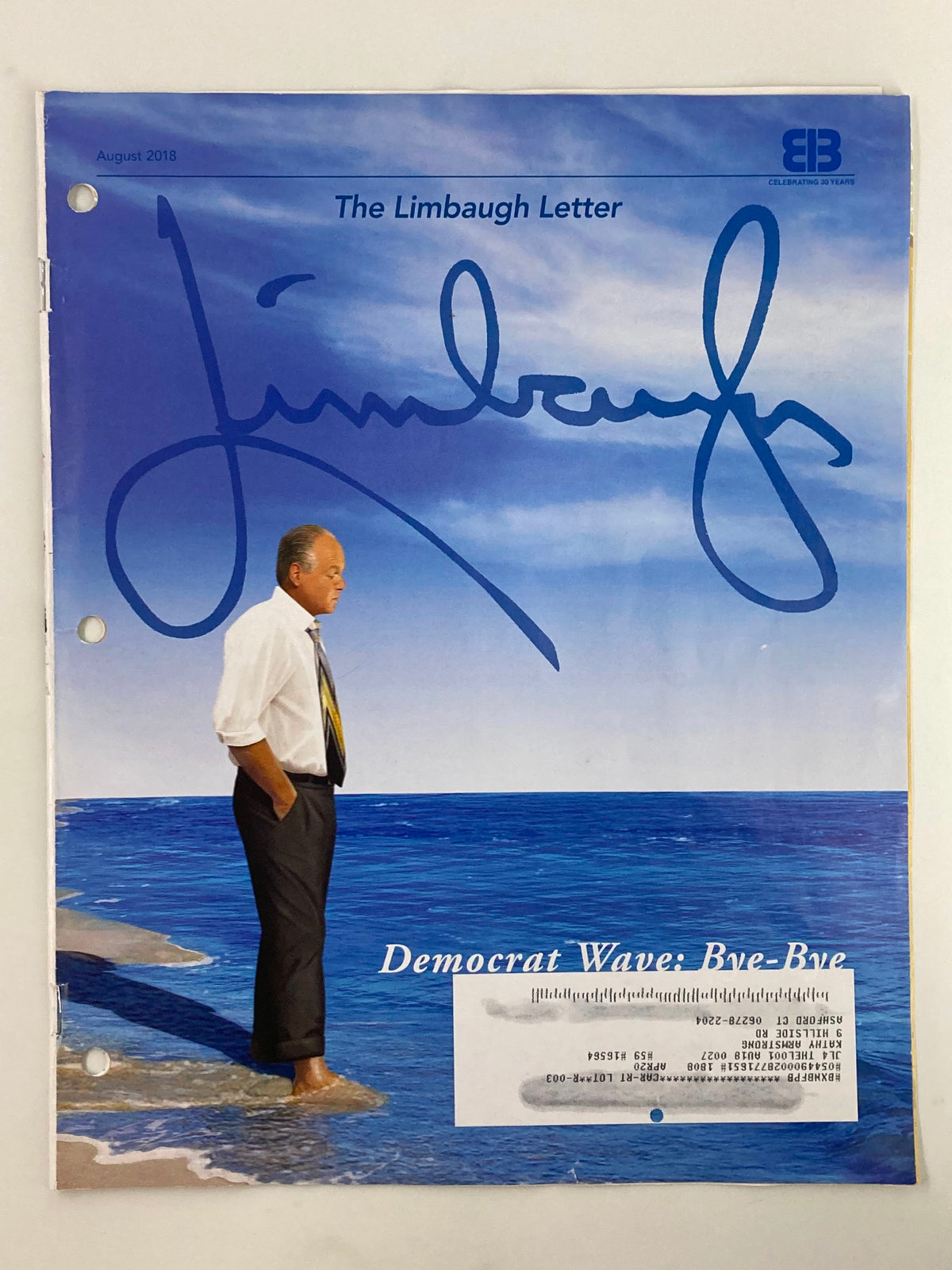 Rush Limbaugh Letter Newsletter Magazine August 2018 cover featuring the title 'Democrat Wave Bye Bye' with a signature by Rush Limbaugh and a scenic beach background.