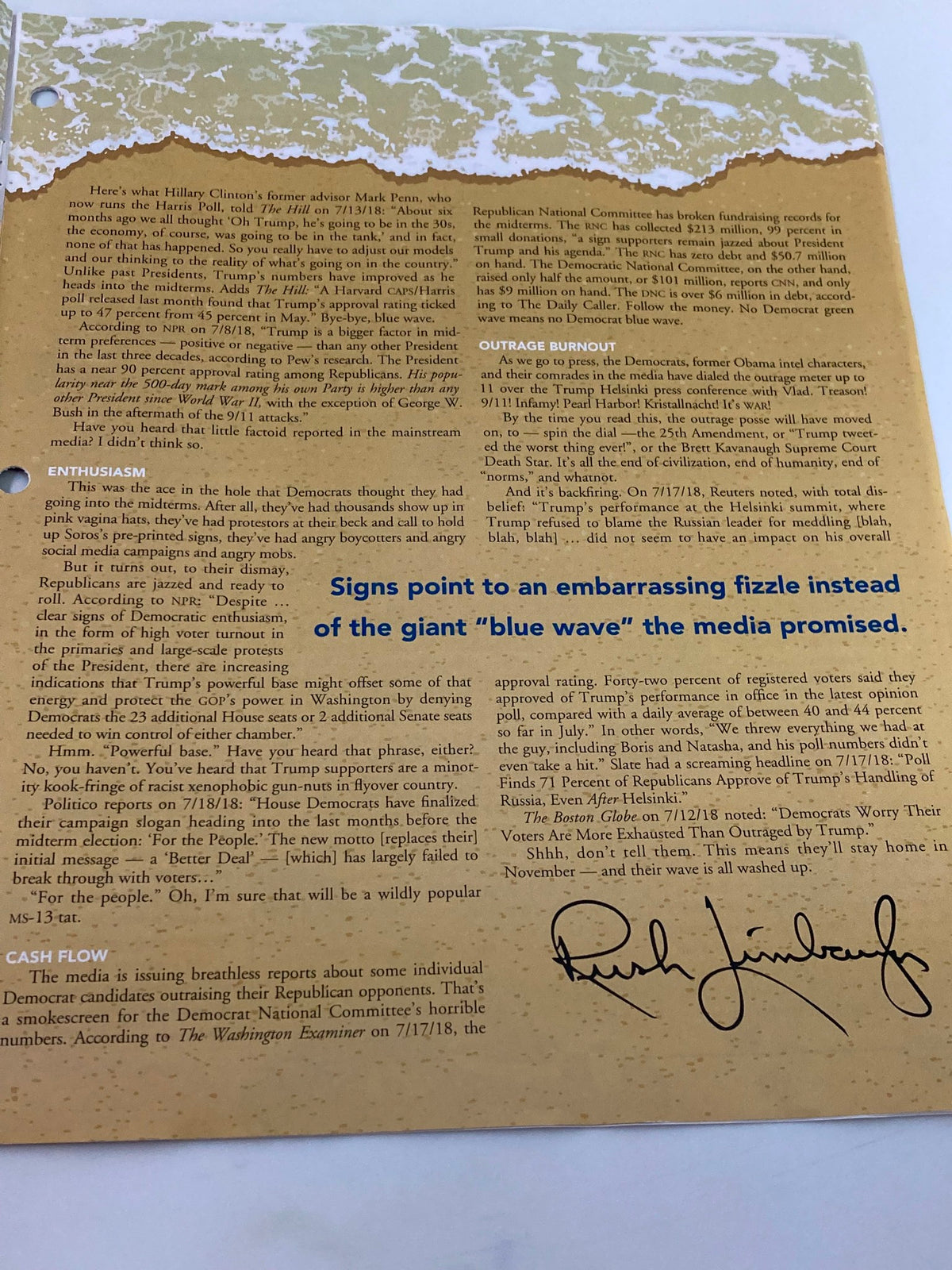 Another inside page of Rush Limbaugh Letter Newsletter Magazine August 2018 titled 'Democrat Wave Bye Bye', highlighting major political reactions and commentary from Rush Limbaugh.