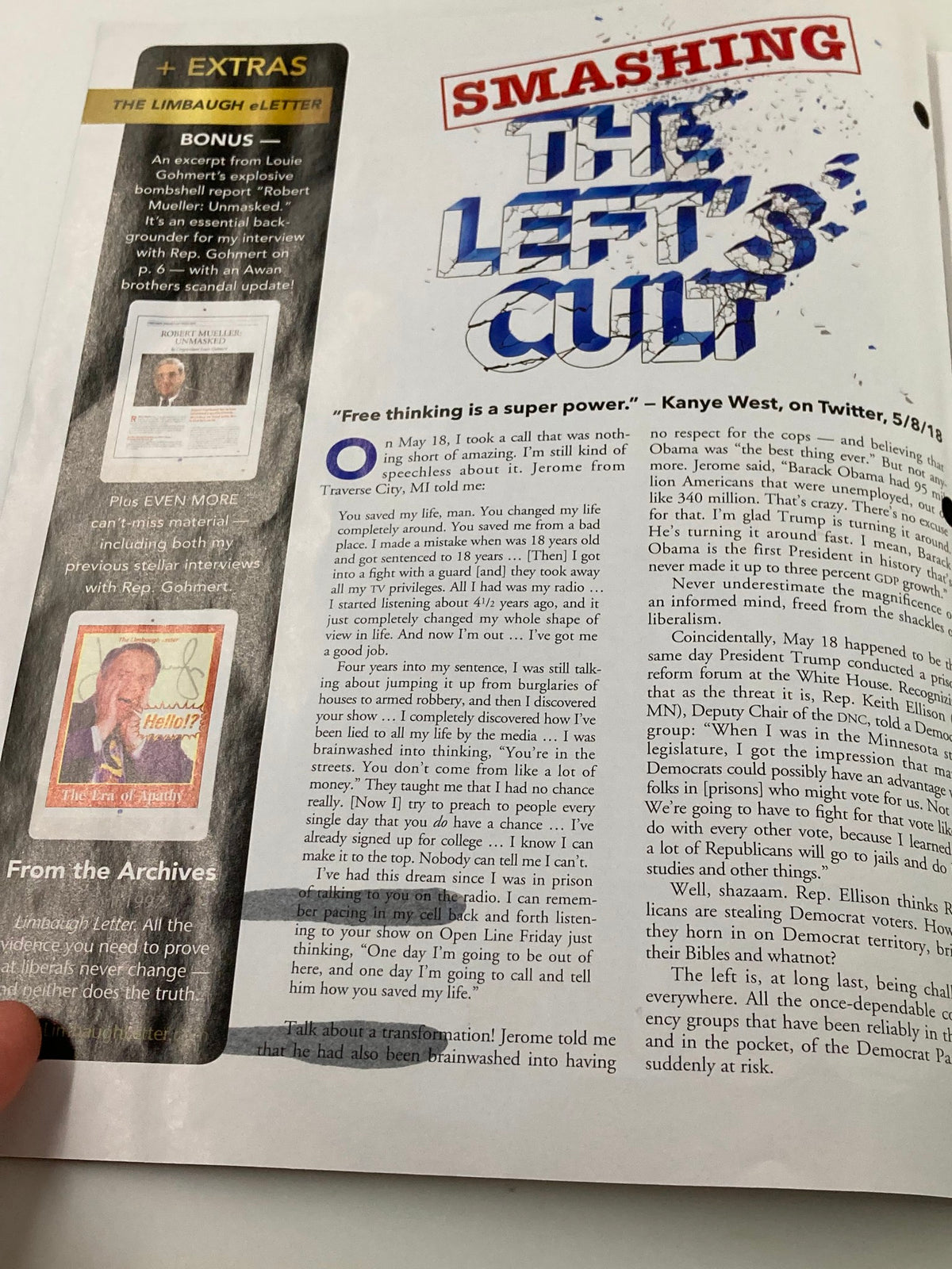 Inside page of the Rush Limbaugh Letter Newsletter Magazine June 2018, highlighting an excerpt with the title 'Smashing the Left's Cult' and a quote from Kanye West.