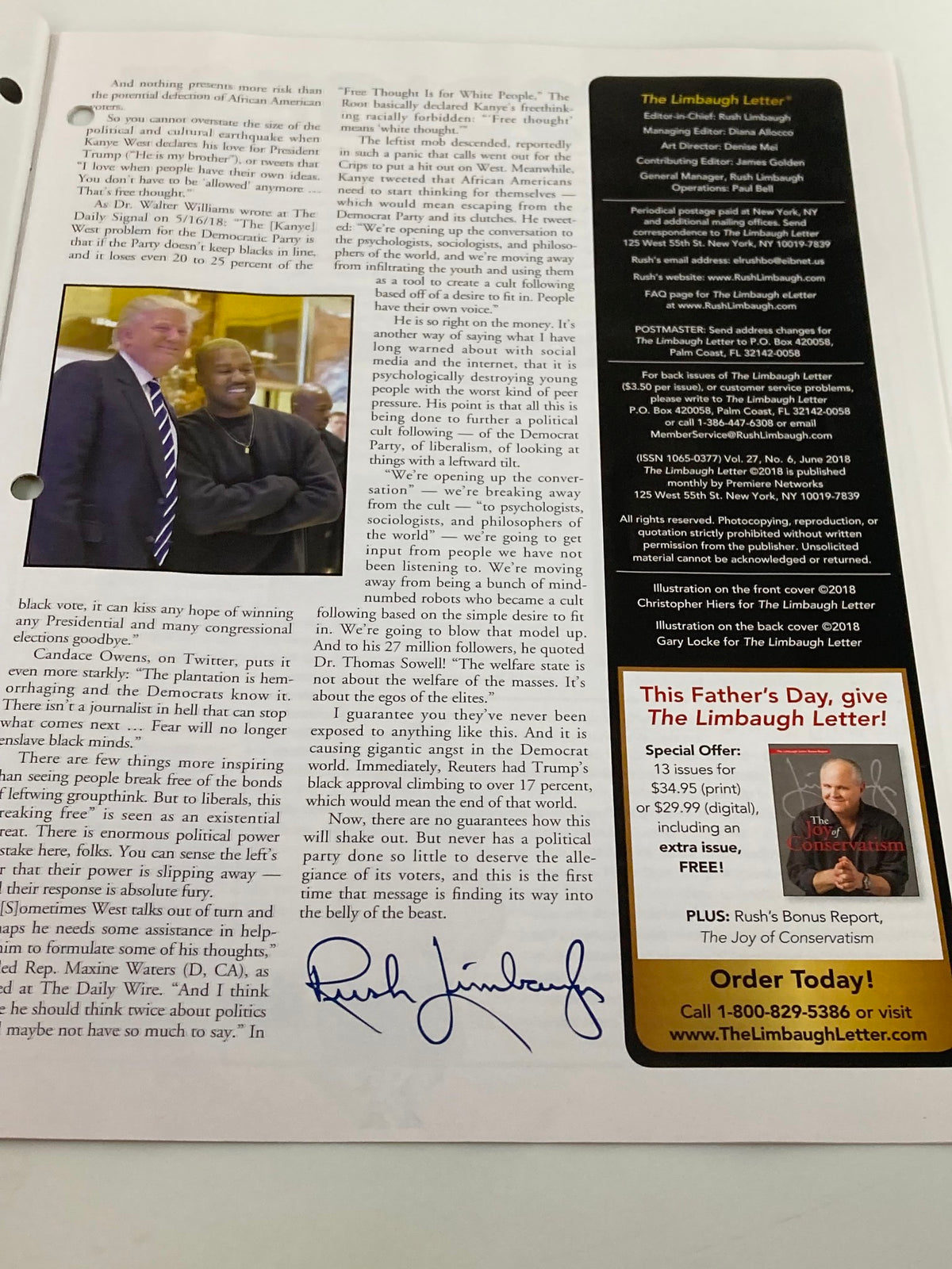Another inside page of the Rush Limbaugh Letter Newsletter Magazine June 2018, featuring commentary by Rush Limbaugh alongside a signed signature and promotional content.
