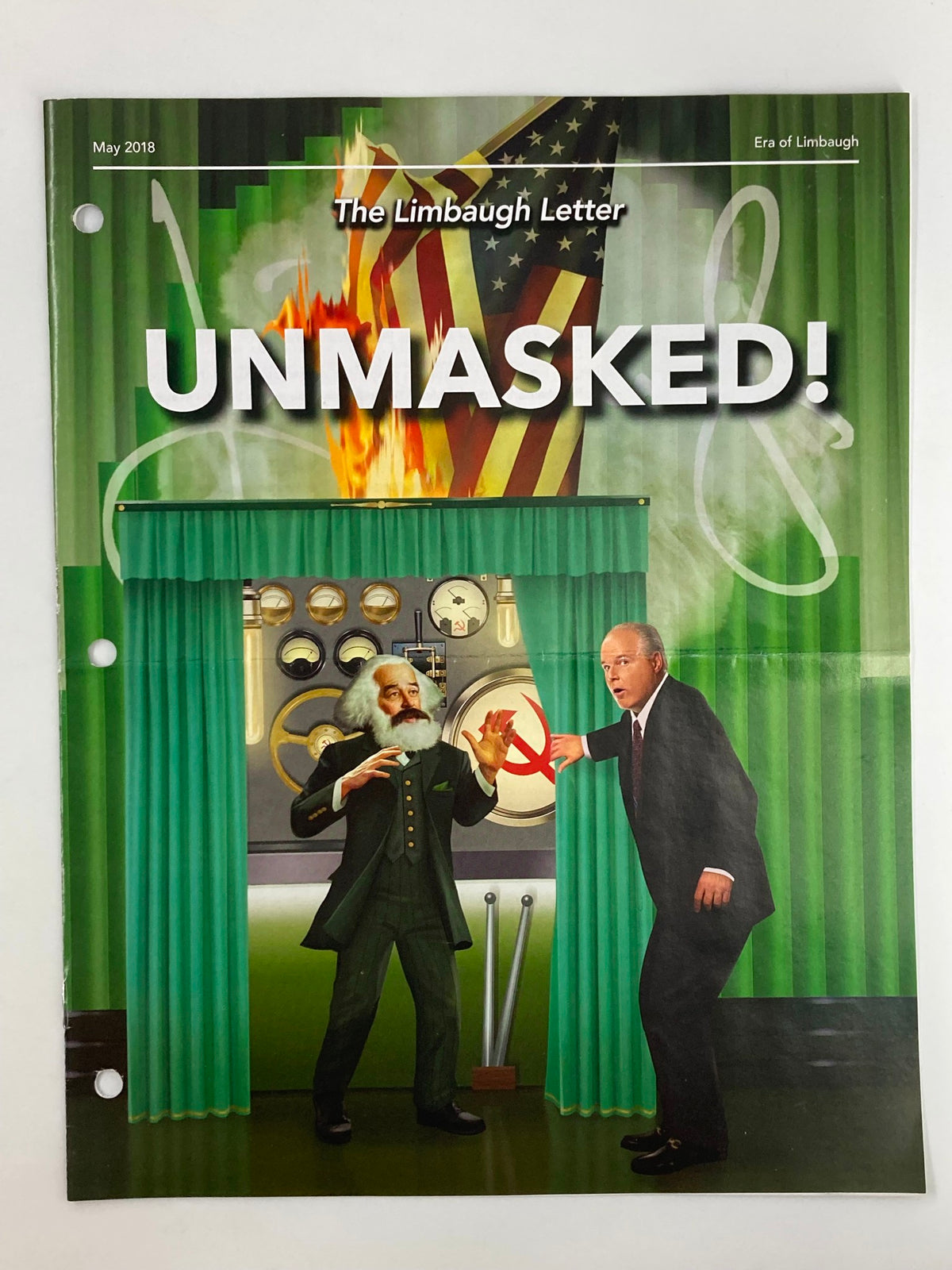 Cover of the Rush Limbaugh Letter Newsletter Magazine May 2018 titled 'Unmasked!' featuring a dramatic scene of historical figures in opposition against an American flag backdrop, highlighting political commentary.