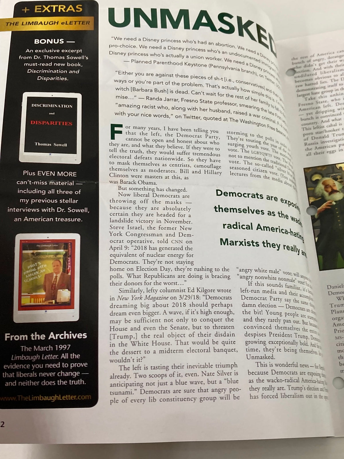 Page from the Rush Limbaugh Letter Newsletter Magazine May 2018 with the heading 'UNMASKED!' discussing political critiques and opinion pieces, illustrating conservative viewpoints.