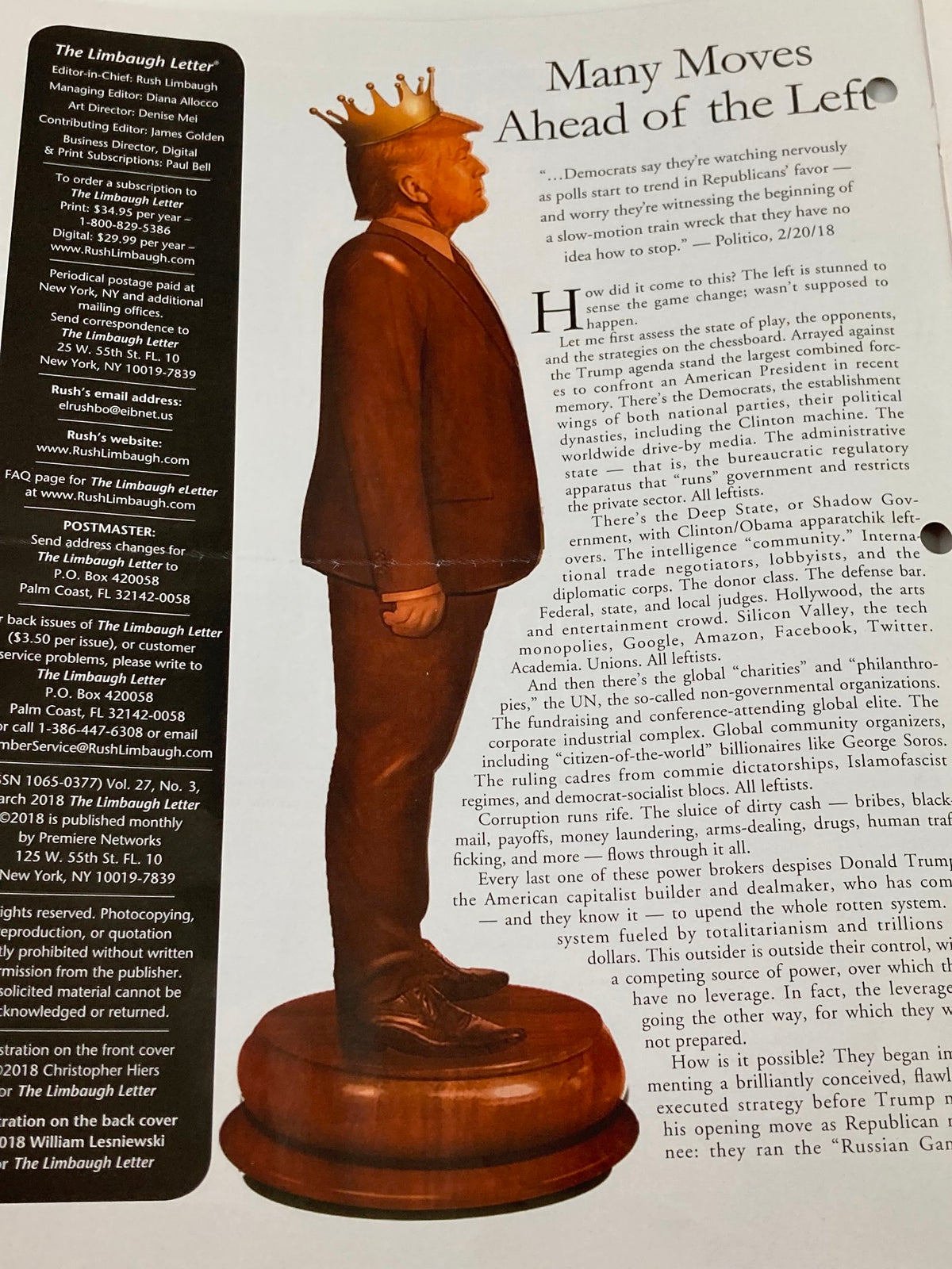 Inside page of the Rush Limbaugh Letter Newsletter Magazine March 2018 showcasing an article related to the title 'Many Moves Ahead of the Left' with a statue of a political figure.