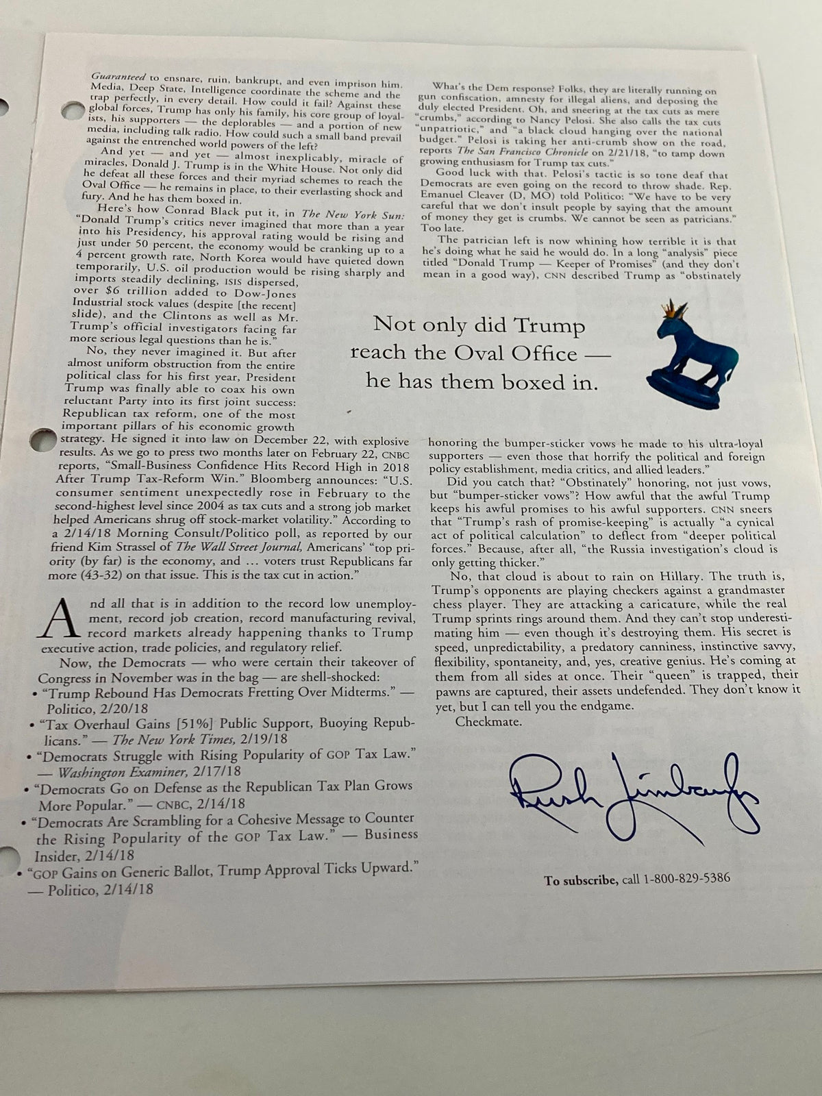Another inside page of the Rush Limbaugh Letter Newsletter Magazine March 2018 featuring more content relevant to the title 'Many Moves Ahead of the Left' discussing political commentary.