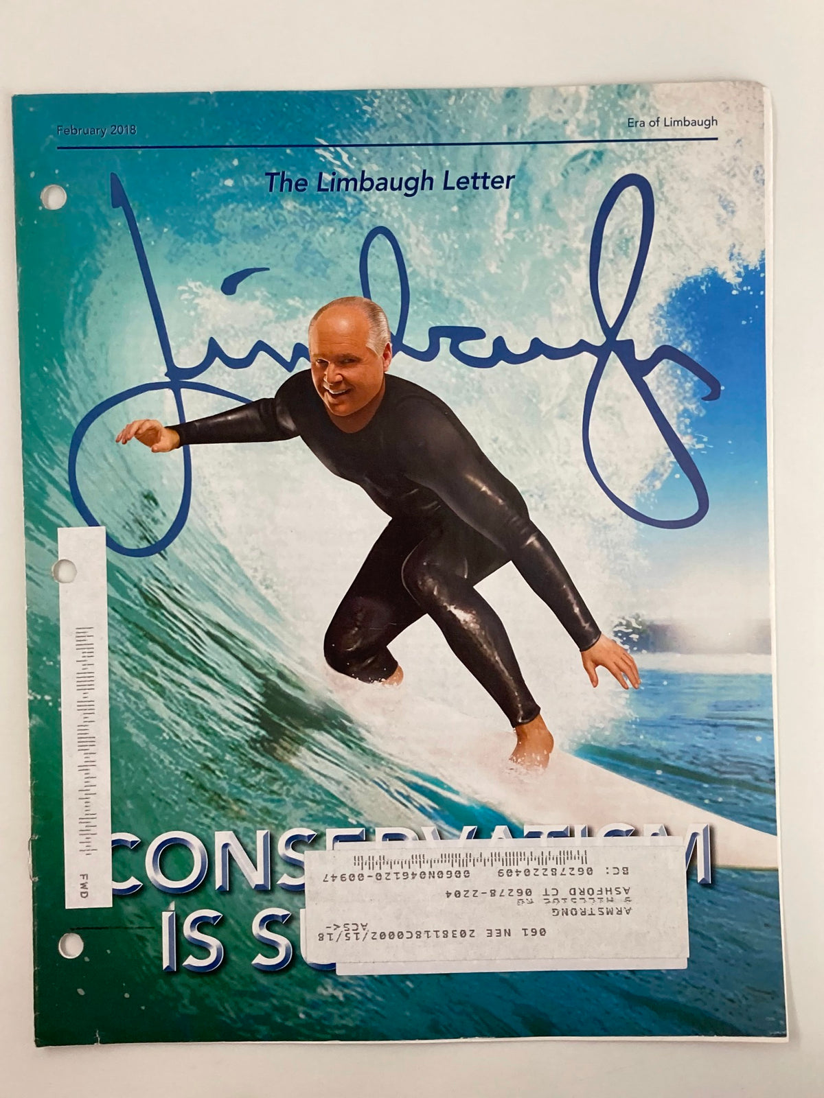 Rush Limbaugh Letter Newsletter February 2018 Cover featuring a surfer, symbolizing the theme 'Conservatism is Surging'.