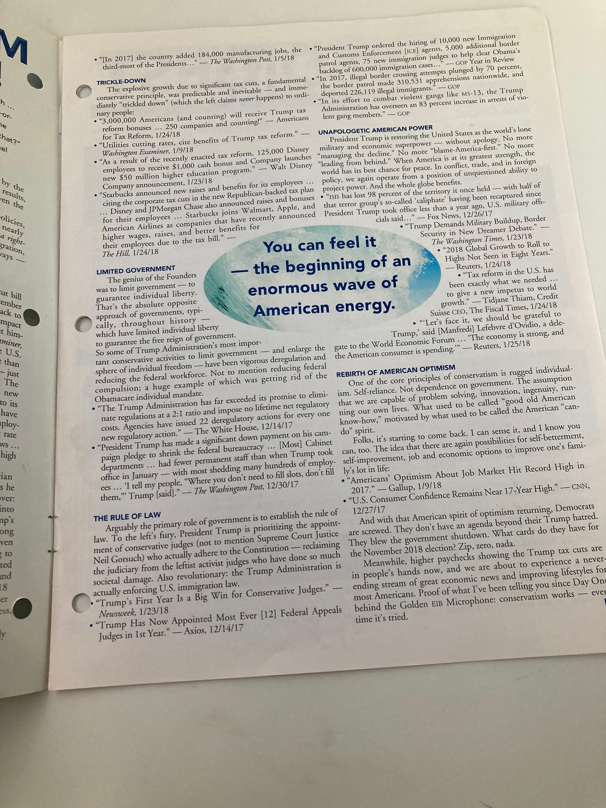 Interior page of the Rush Limbaugh Letter Newsletter February 2018, showcasing articles discussing conservative ideals and the political climate, with the headline 'You can feel it the beginning of an enormous wave of American energy.'