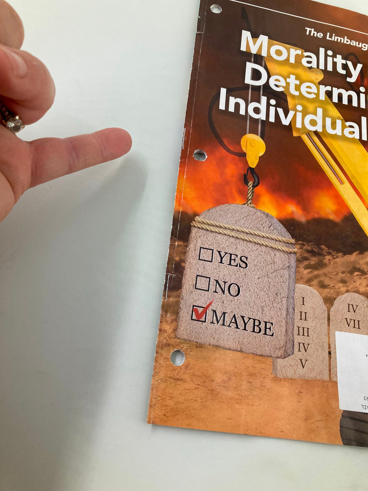 Close-up of the Rush Limbaugh Letter Newsletter Magazine January 2018 highlighting the title 'Morality Not Determined by Individual Choice' with checkboxes marked 'YES', 'NO', and 'MAYBE'.