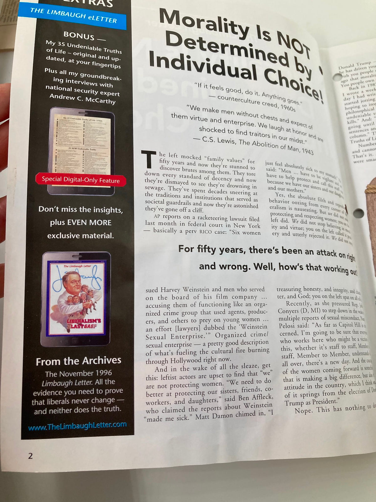 Inside page of the Rush Limbaugh Letter Newsletter Magazine January 2018 discussing morality and individual choice, featuring analysis and commentary by Rush Limbaugh.