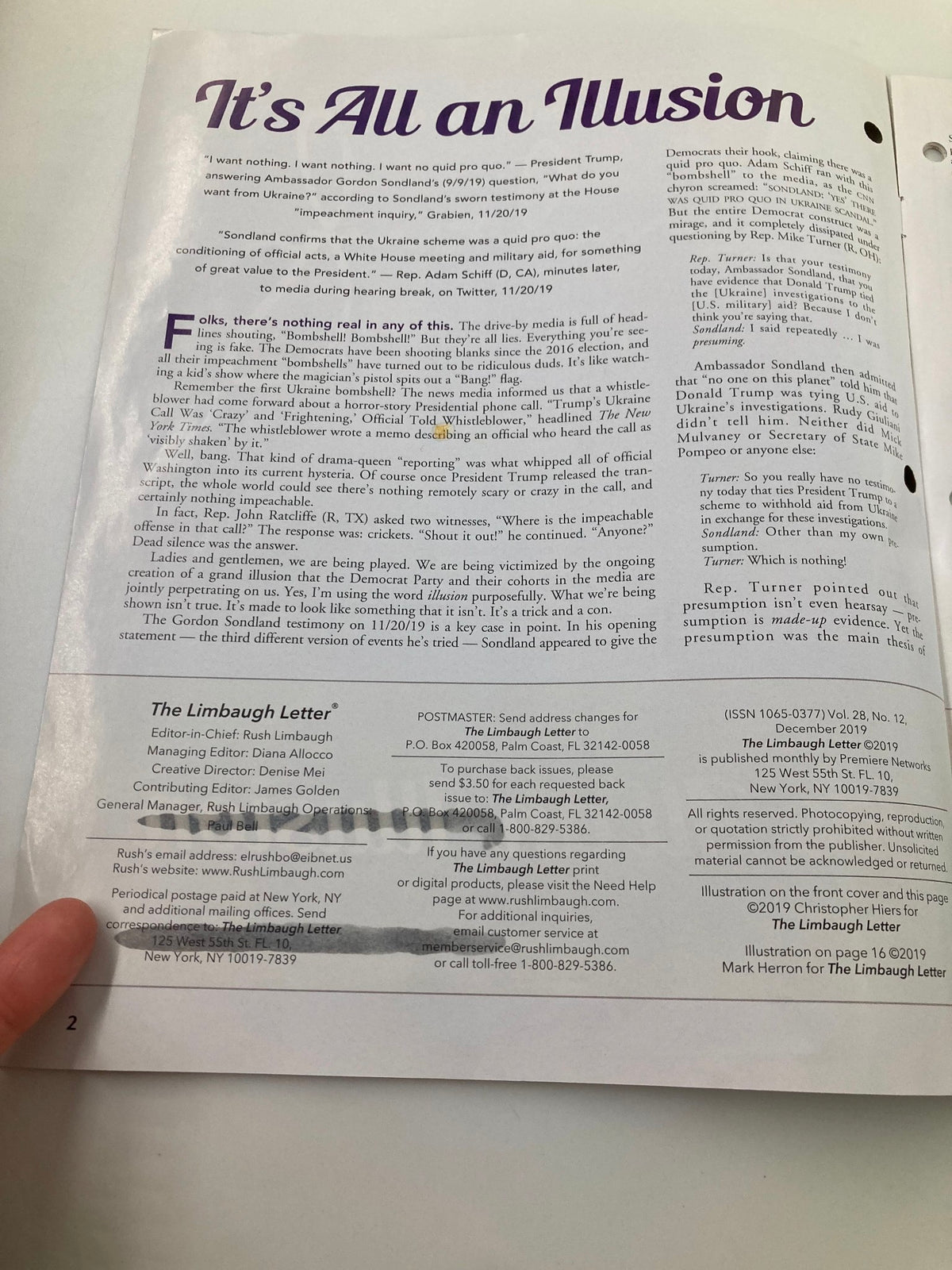 Inside page of the Rush Limbaugh Letter Newsletter Magazine December 2019, titled 'It's All an Illusion', containing commentary and text relevant to the issue.