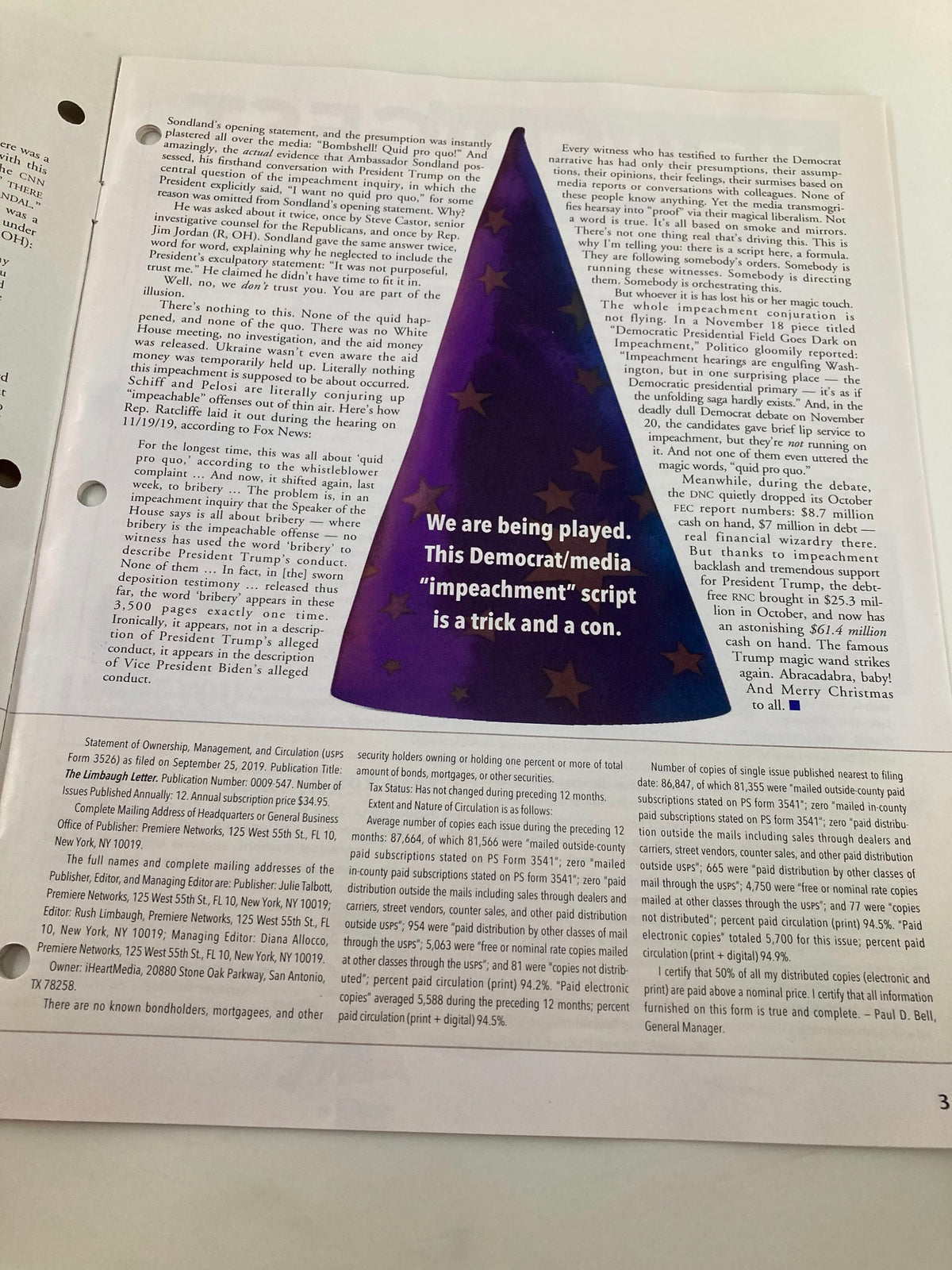 Another inside page of the Rush Limbaugh Letter Newsletter Magazine December 2019, titled 'It's All an Illusion', presenting additional written content and analysis.