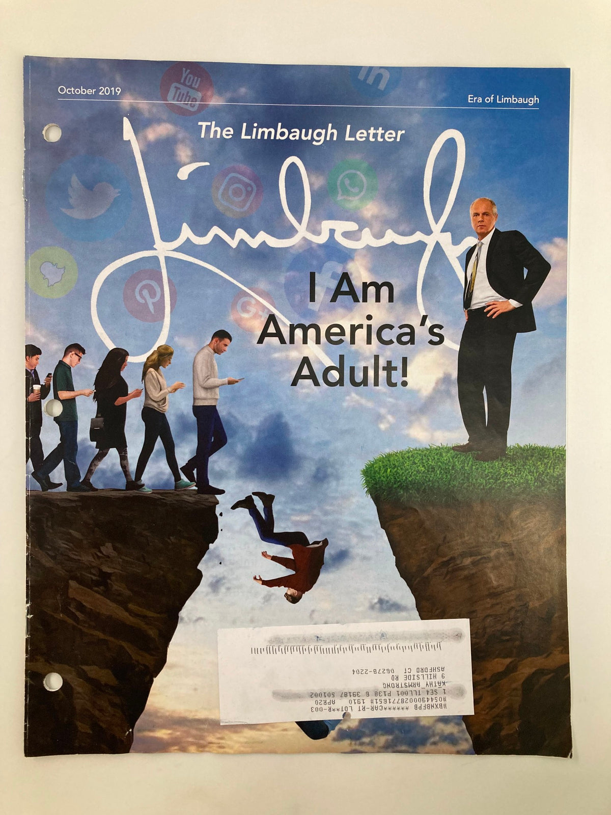 Cover of the Rush Limbaugh Letter Newsletter Magazine, October 2019 edition titled 'I Am America's Adult!' featuring a symbolic illustration of individuals on different sides of a chasm, reflecting the contemporary political discourse.