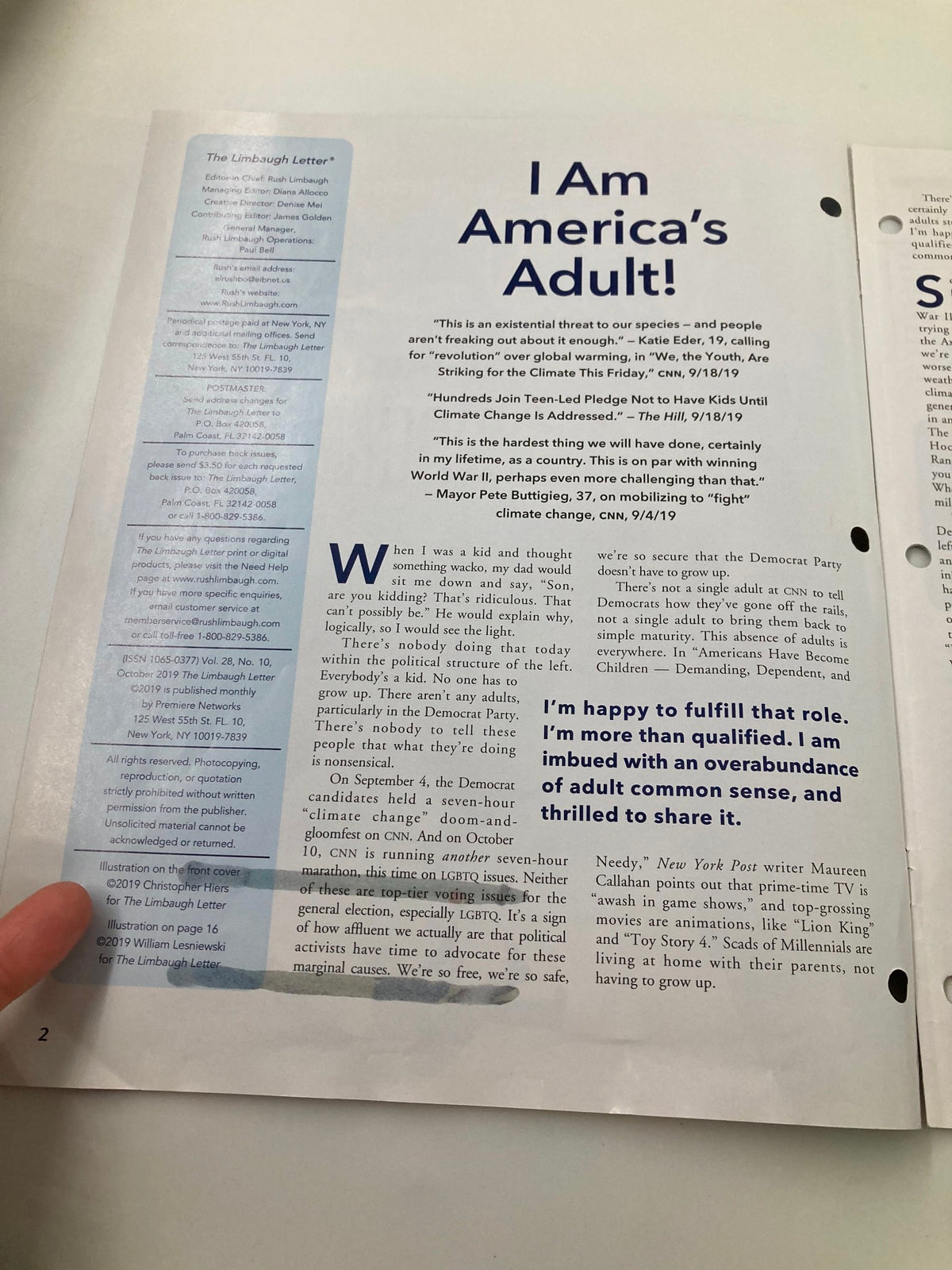 Page from the Rush Limbaugh Letter Newsletter Magazine October 2019 titled 'I Am America's Adult,' featuring a commentary on societal issues and the role of adults in modern culture.