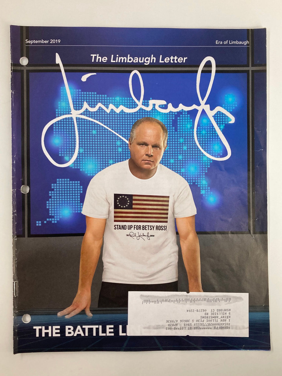 Rush Limbaugh Letter Newsletter Magazine September 2019 cover featuring Rush Limbaugh in front of a digital screen, highlighting the title 'The Battle Lines Drawn'.