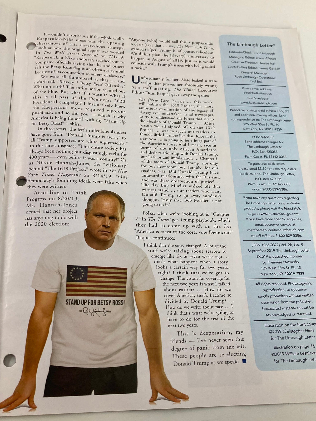 Another inside page of the Rush Limbaugh Letter Newsletter Magazine September 2019, displaying Rush Limbaugh in a t-shirt with a political message, linked to the theme 'The Battle Lines Drawn'.