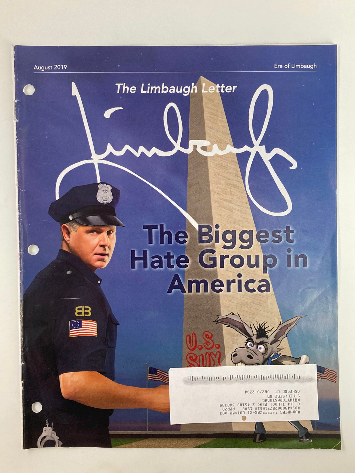 Rush Limbaugh Letters Newsletter Magazine, August 2019, titled 'The Biggest Hate Group in America', featuring a police officer and a character with a sign, symbolizing political commentary from the era.