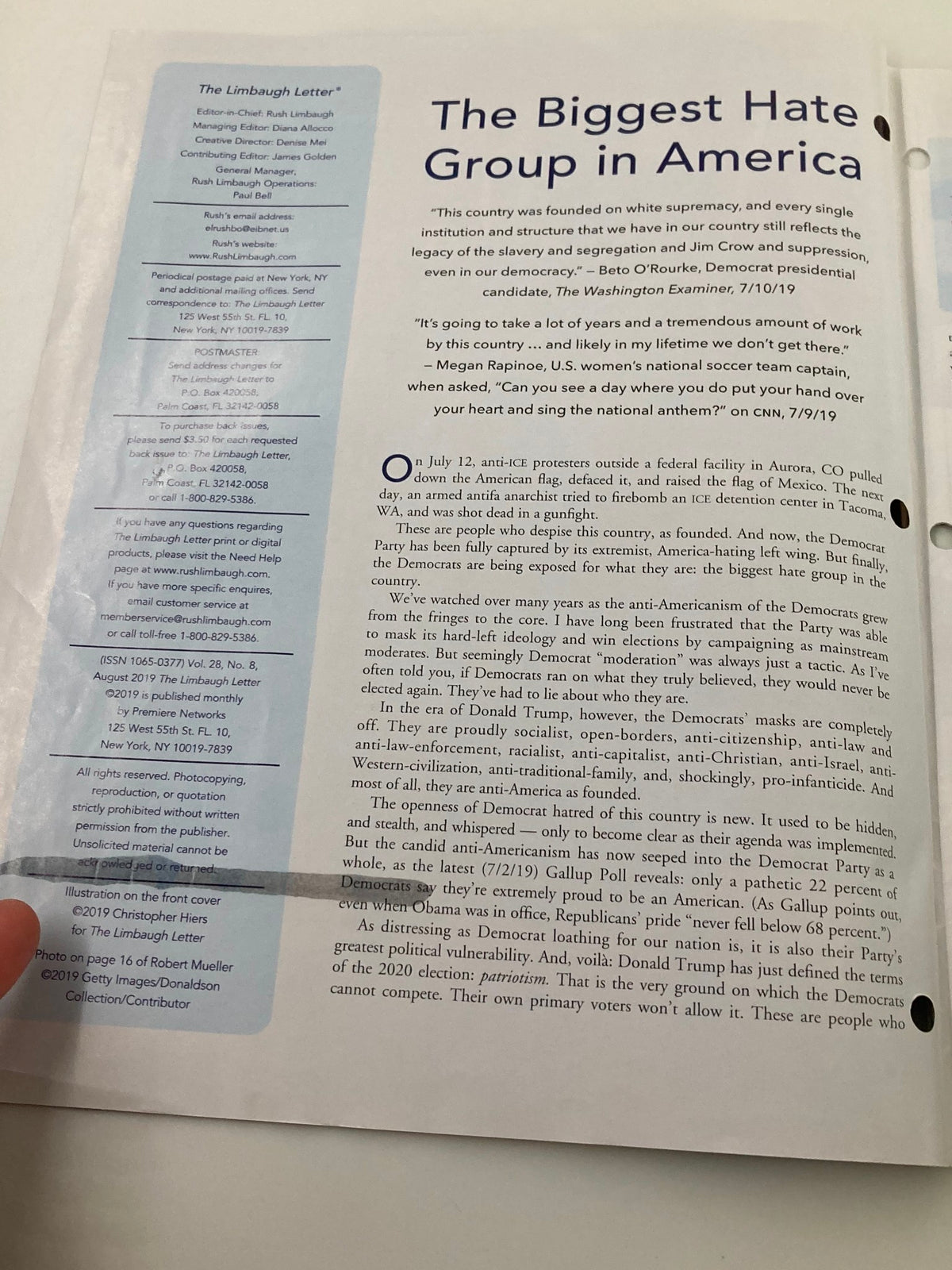 Interior page of the Rush Limbaugh Letters Newsletter Magazine from August 2019, titled 'The Biggest Hate Group', featuring political commentary and analysis. The layout includes text and a sidebar with references to political events.