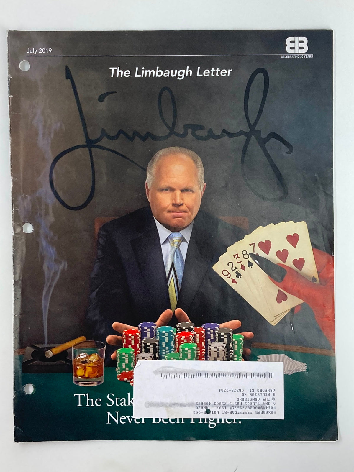 Cover of the Rush Limbaugh Letter Newsletter Magazine, July 2019 edition titled 'The Stakes for America'. The cover features Rush Limbaugh with poker cards, symbolizing high stakes in politics, and is signed by him.
