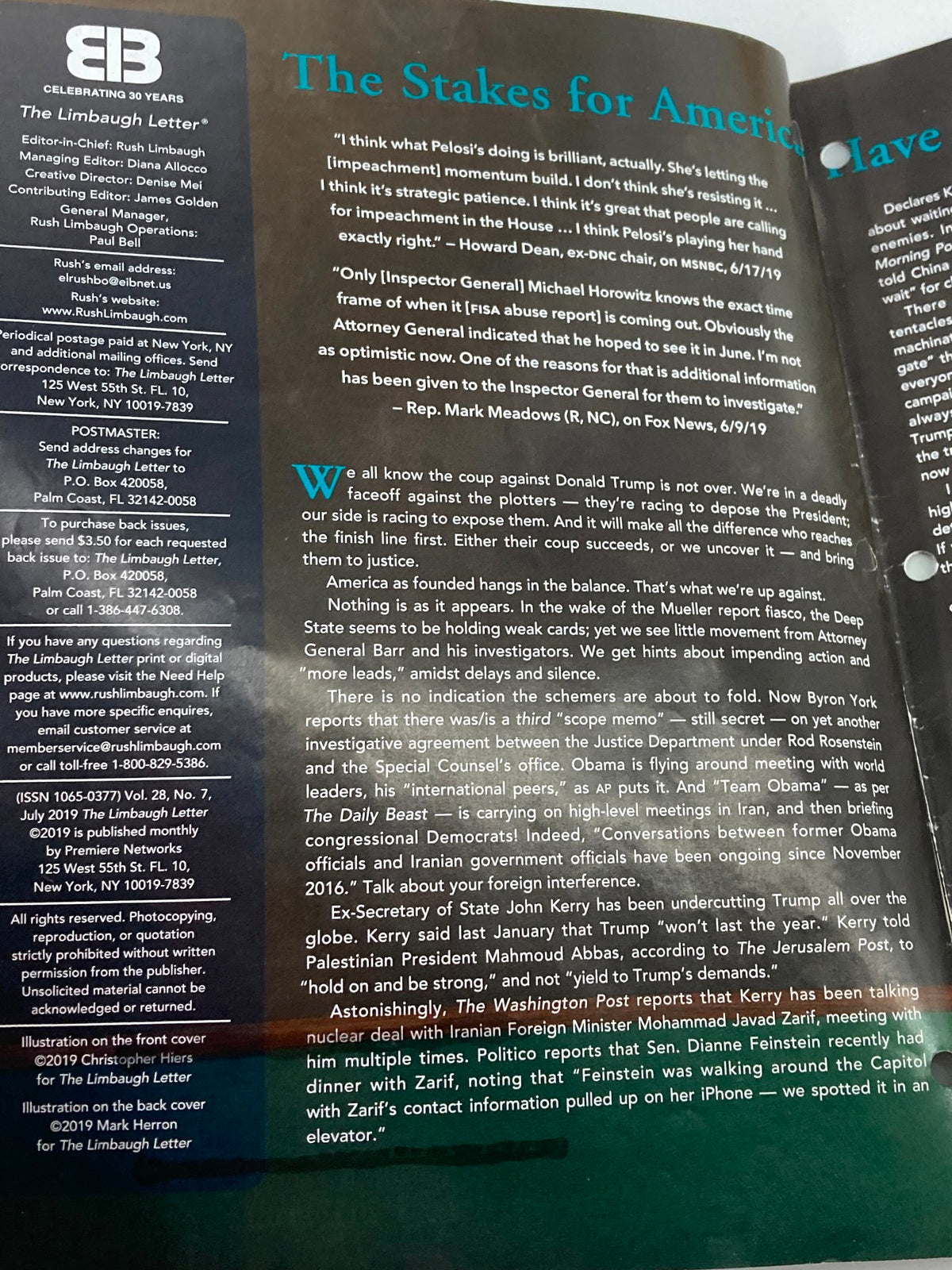 Inside page of the Rush Limbaugh Letter Newsletter Magazine, July 2019 issue titled 'The Stakes for America'. The page features articles discussing key political issues relevant to that time, highlighting Limbaugh's commentary.