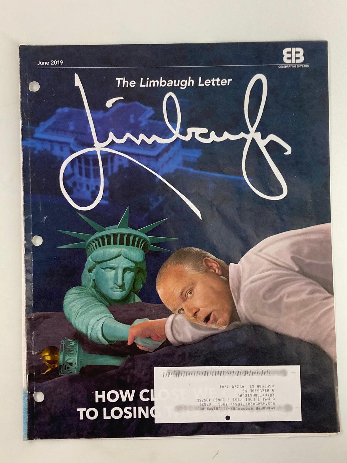 Rush Limbaugh Letter Newsletter Magazine cover from June 2019 featuring a depiction of the Statue of Liberty and Rush Limbaugh's signature, titled 'Electing Donald Trump'.