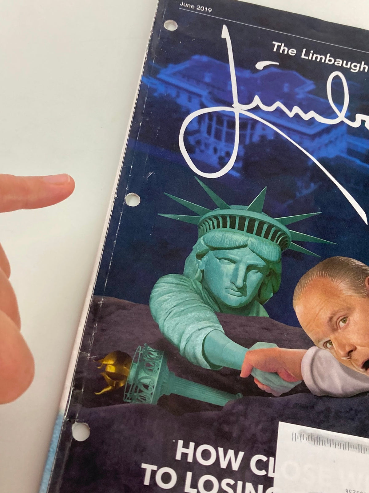 Close-up of the Rush Limbaugh Letter Newsletter Magazine from June 2019, highlighting the cover art with the Statue of Liberty and Rush Limbaugh's signature, titled 'Electing Donald Trump'.